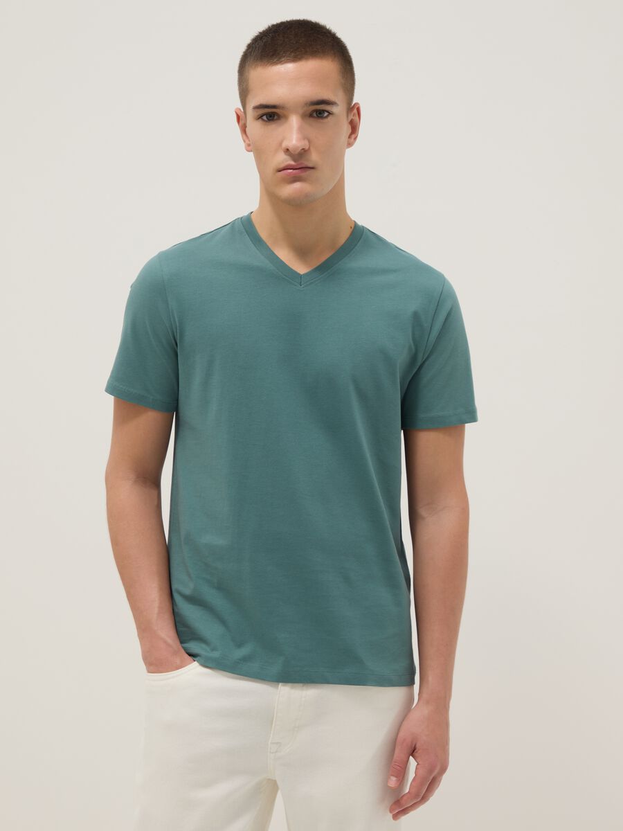 Green pure cotton V-neck regular fit T-shirt_2