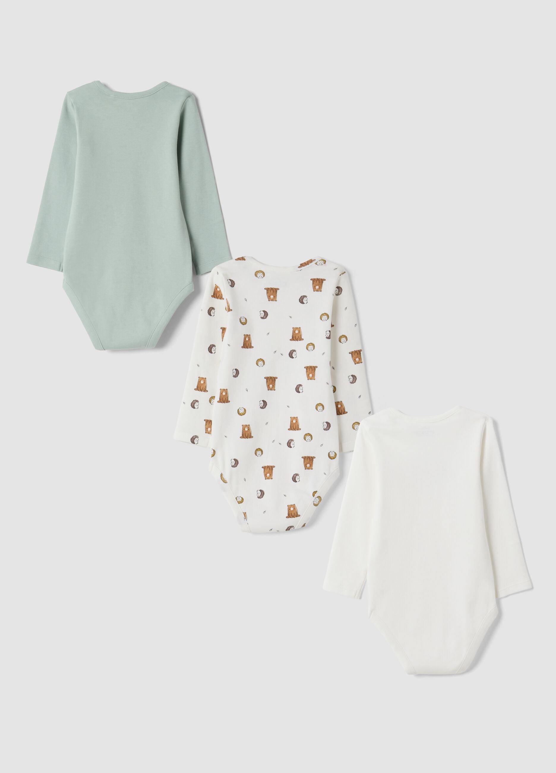 3-pack of crew-neck bodysuits in ivory white and sage green, 100% organic cotton