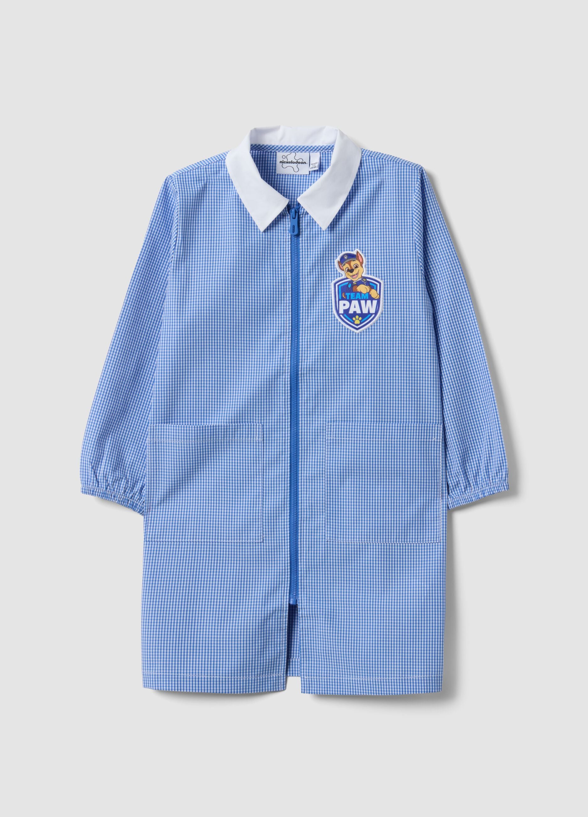 Blau kariertes Kindergarten-Sch&uuml;rzenkittel mit Paw-Patrol-Stickerei