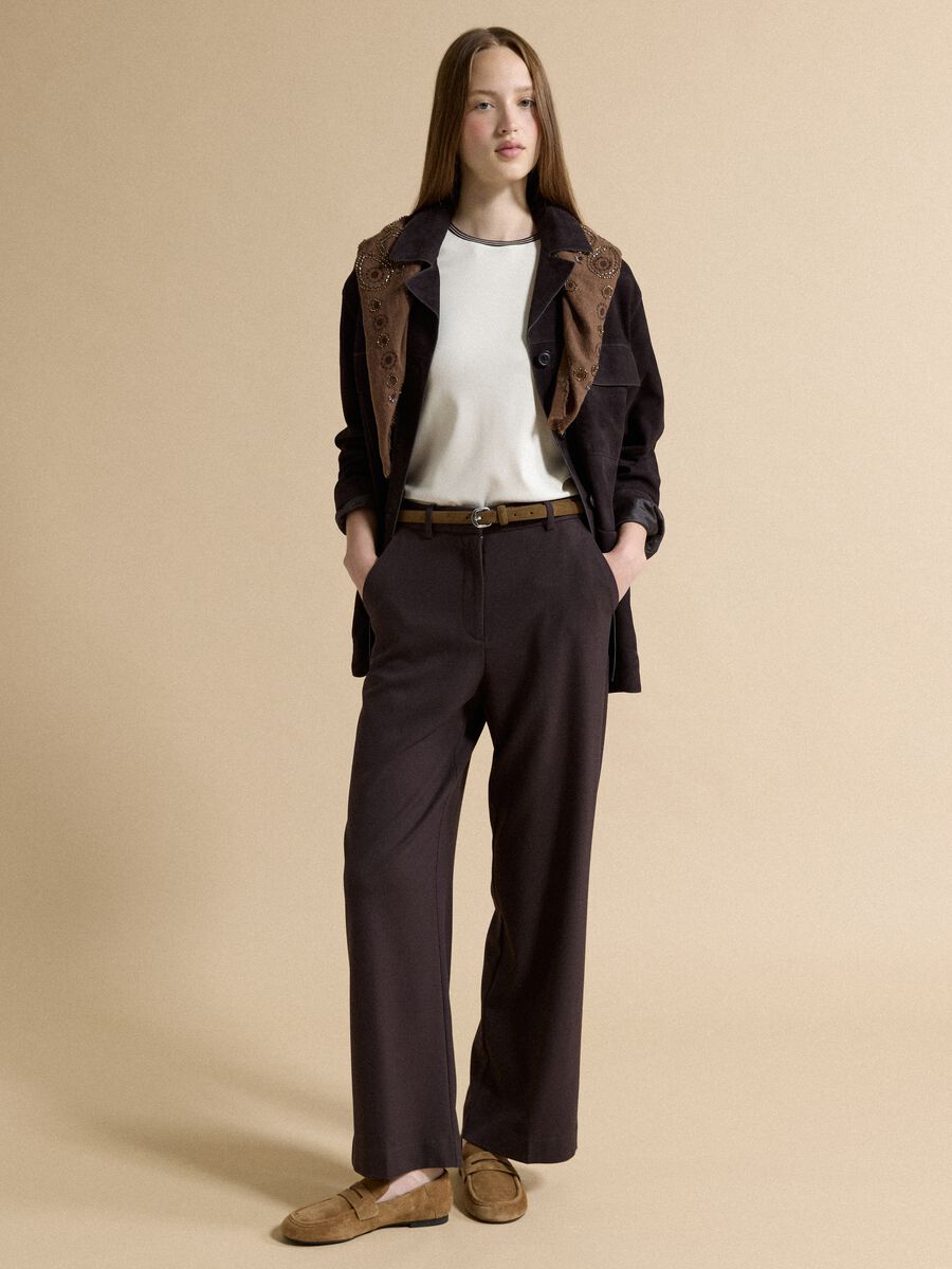 Brown flared formal trousers in stretch viscose_0