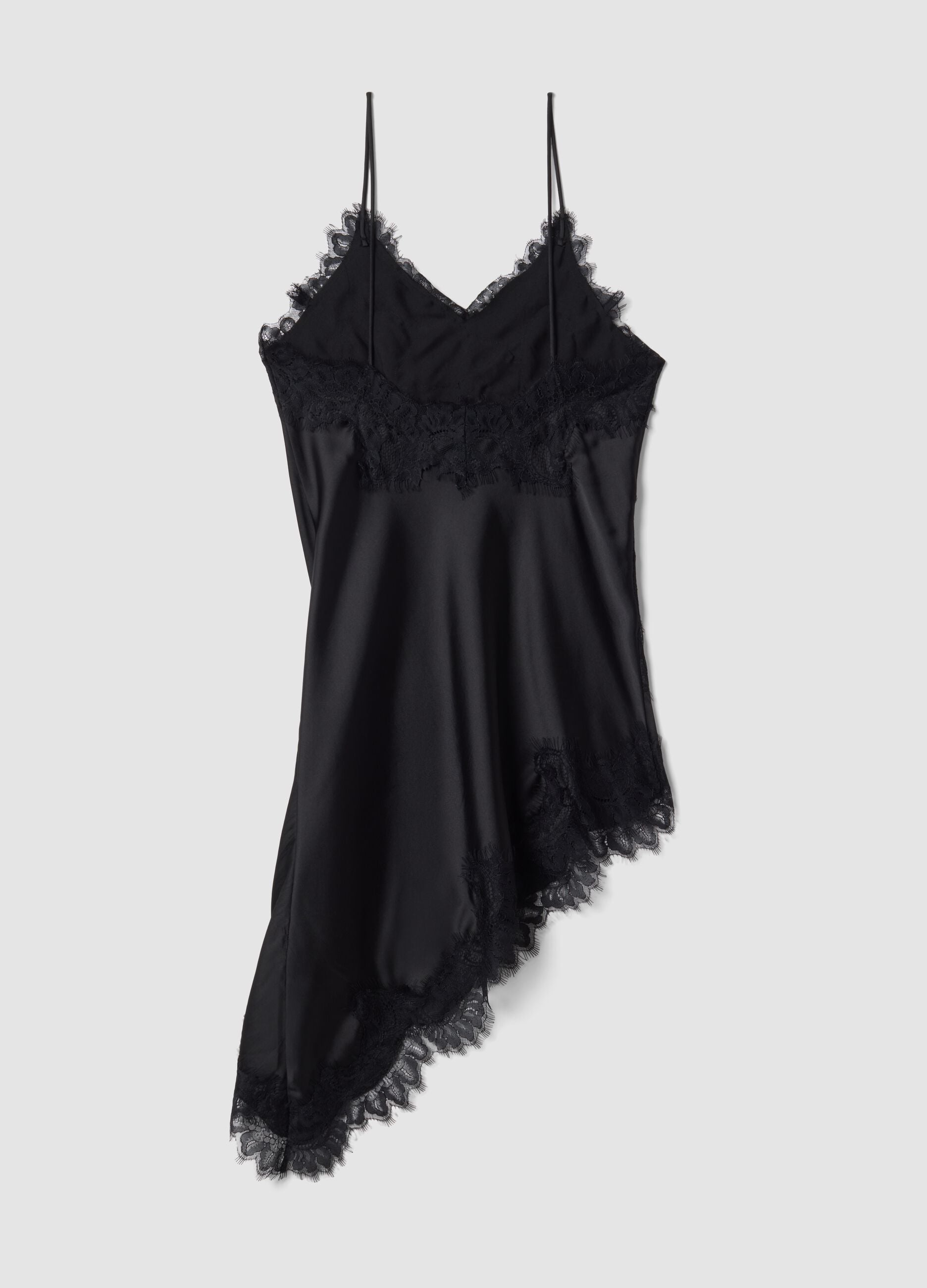 Black viscose-blend dress with deep V-neck and lace