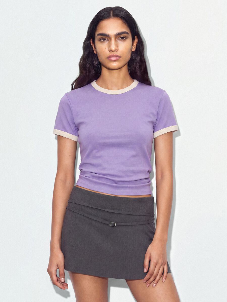 Purple fitted stretch cotton T-shirt with contrast trims_0
