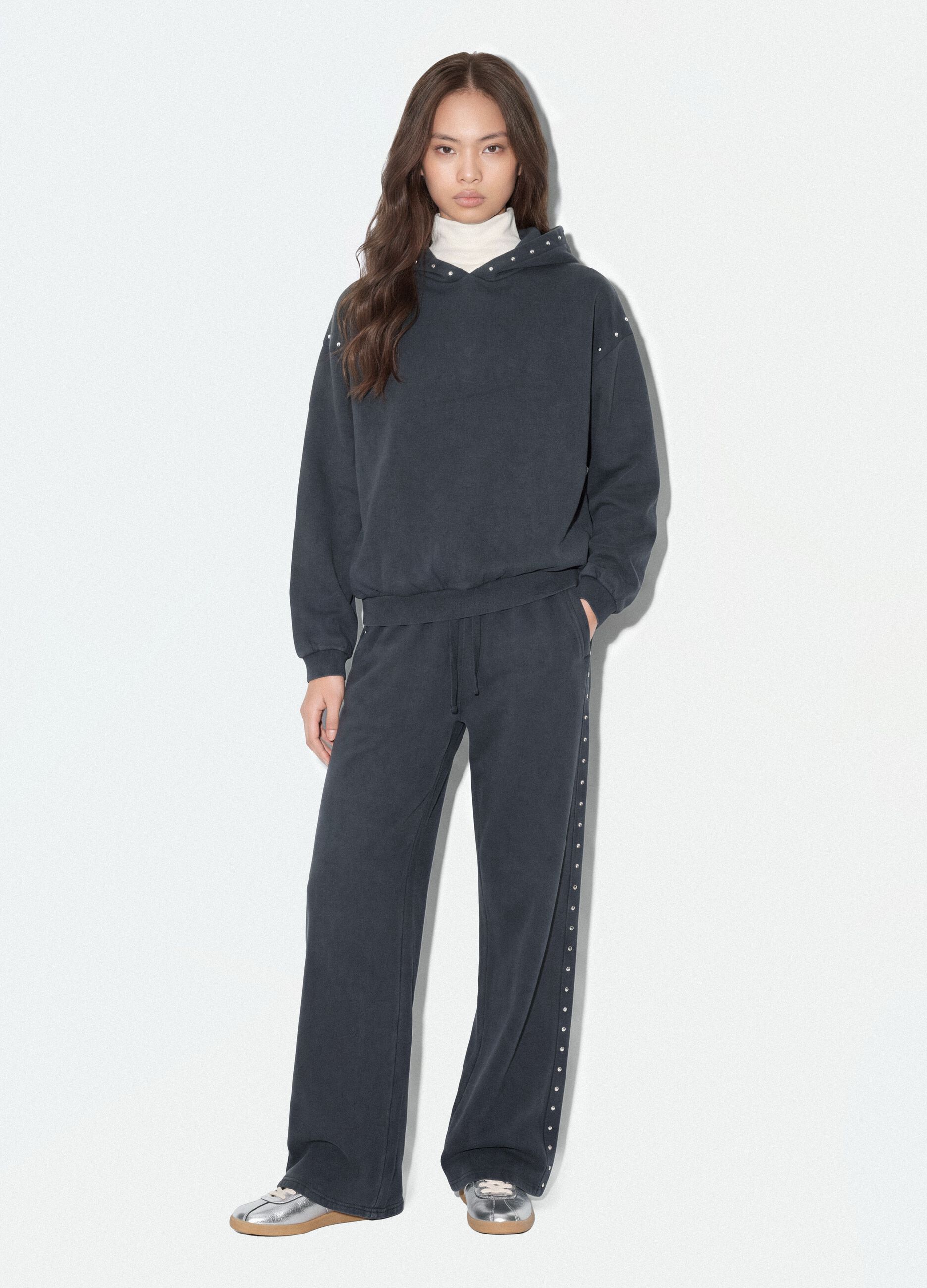 Grauer Hoodie aus Baumwollmix mit Strass, Relaxed Fit