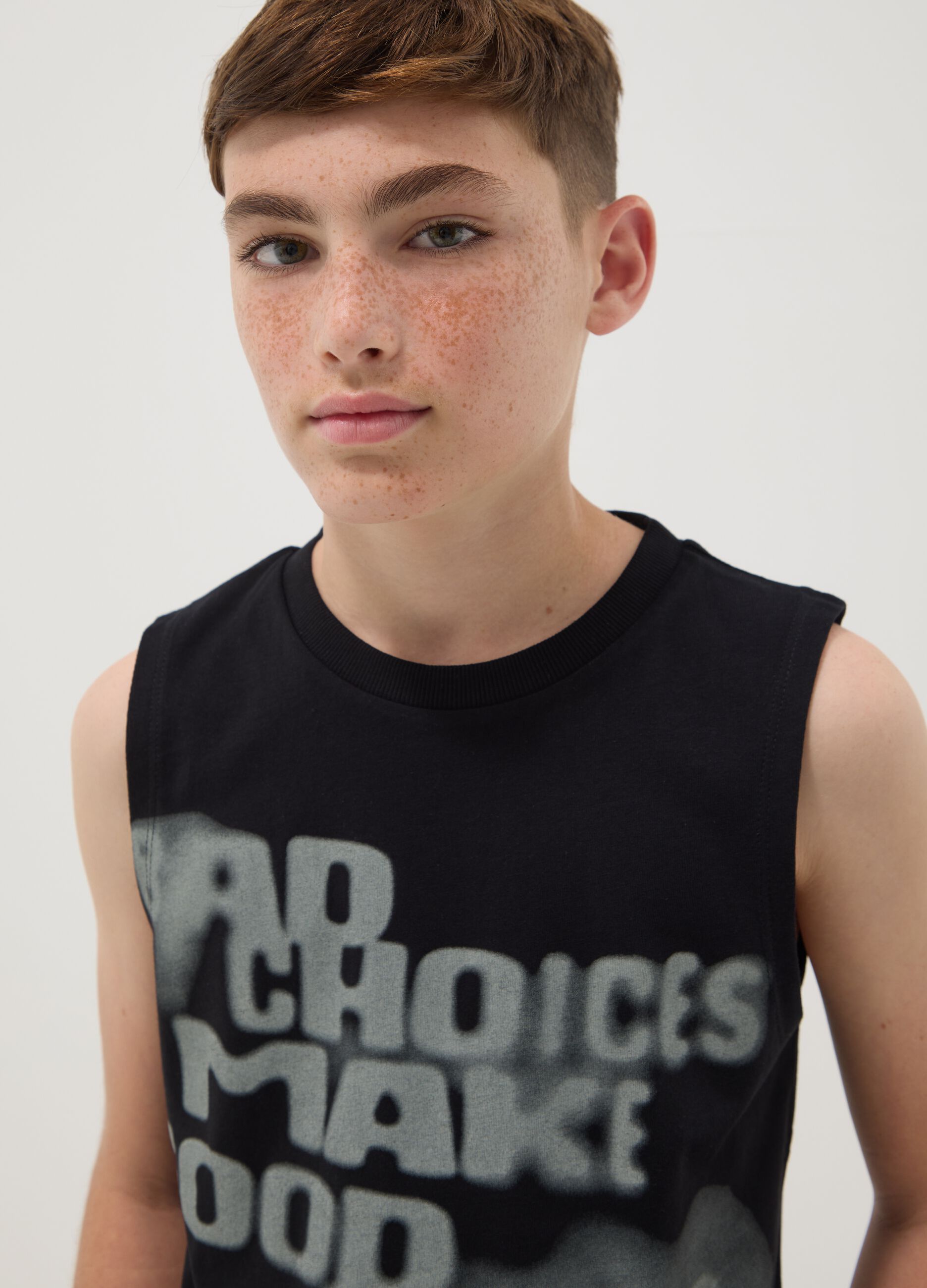 Black slogan vest top in pure cotton, oversized fit