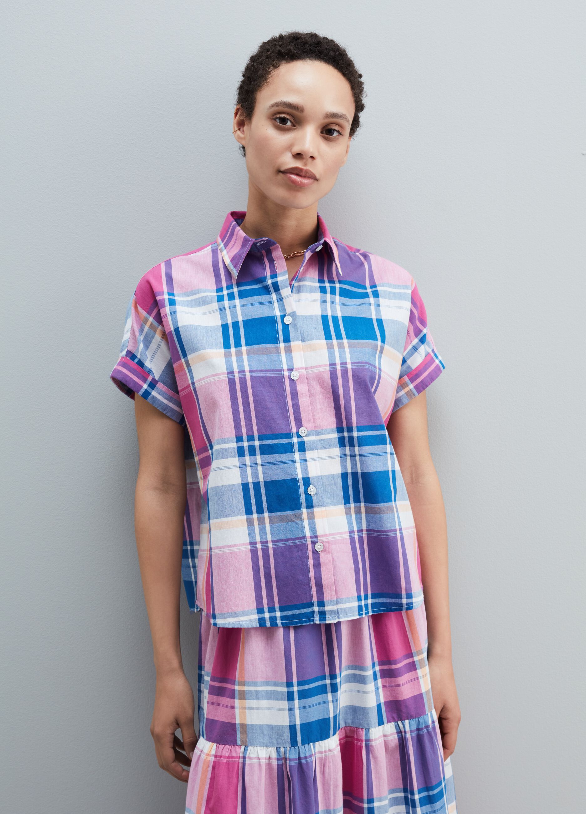 Check cotton shirt with short sleeves