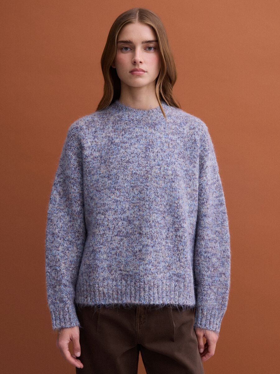 Blue m&eacute;lange crew-neck jumper in stretch wool_0