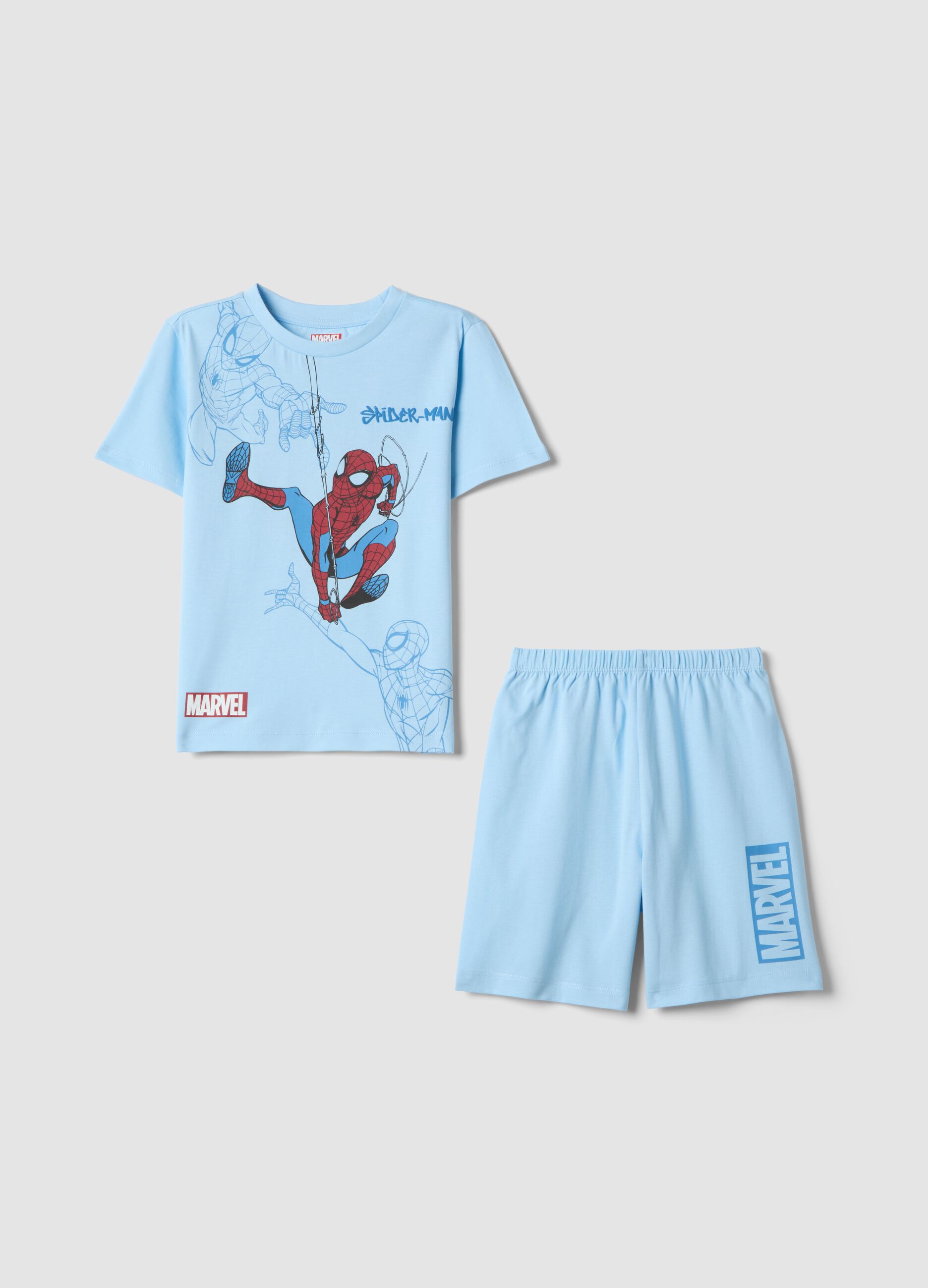 Boys' light blue short pyjamas in pure cotton with Spiderman