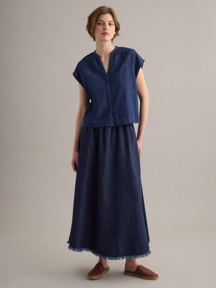 Denim skirt in cotton, linen and viscose blend with elasticated waist_0
