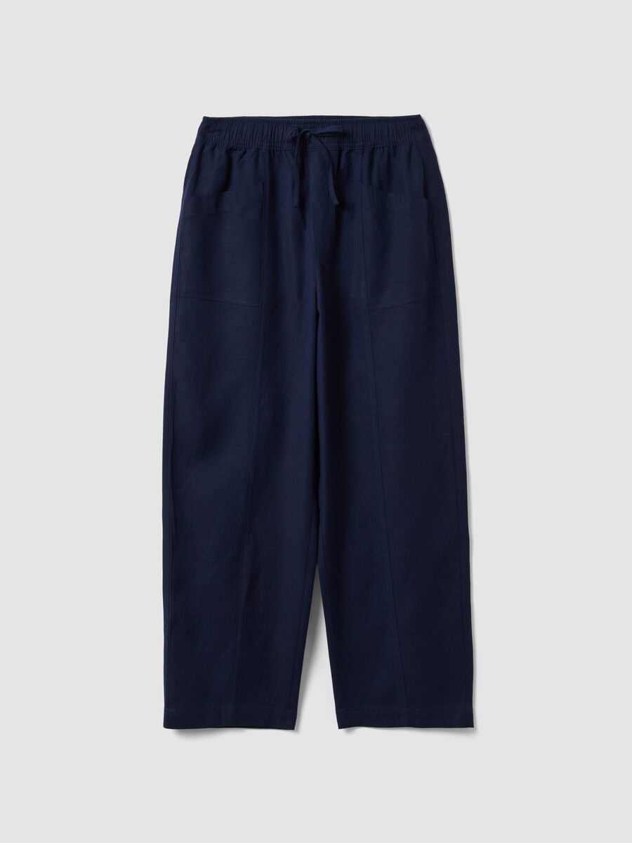 Beige viscose-linen blend straight-fit trousers with drawstring_0