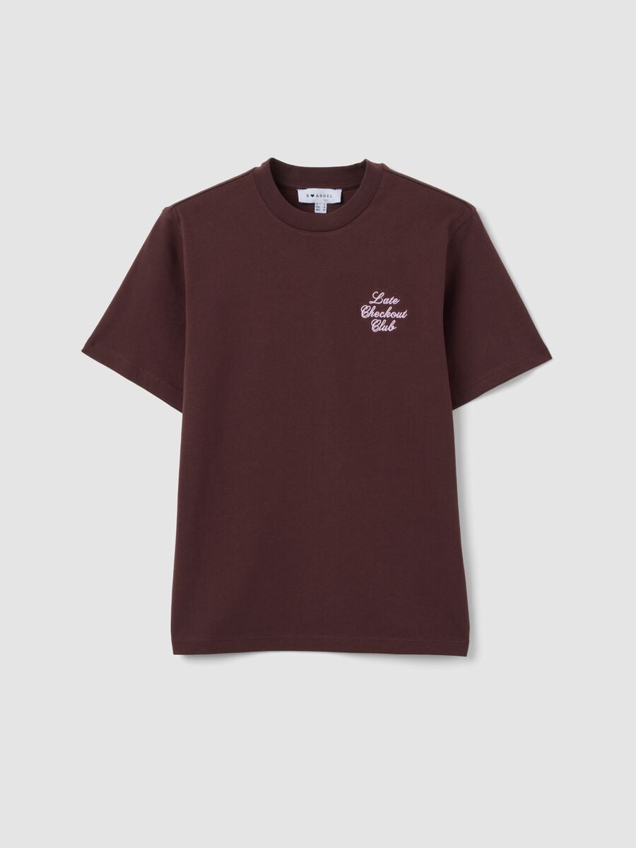 T-shirt castanha relaxed fit em algod&atilde;o puro com inscri&ccedil;&atilde;o bordada_0