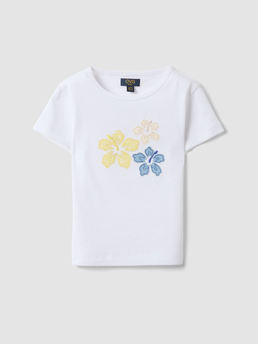 White pure cotton T-shirt with embroidered flowers_3