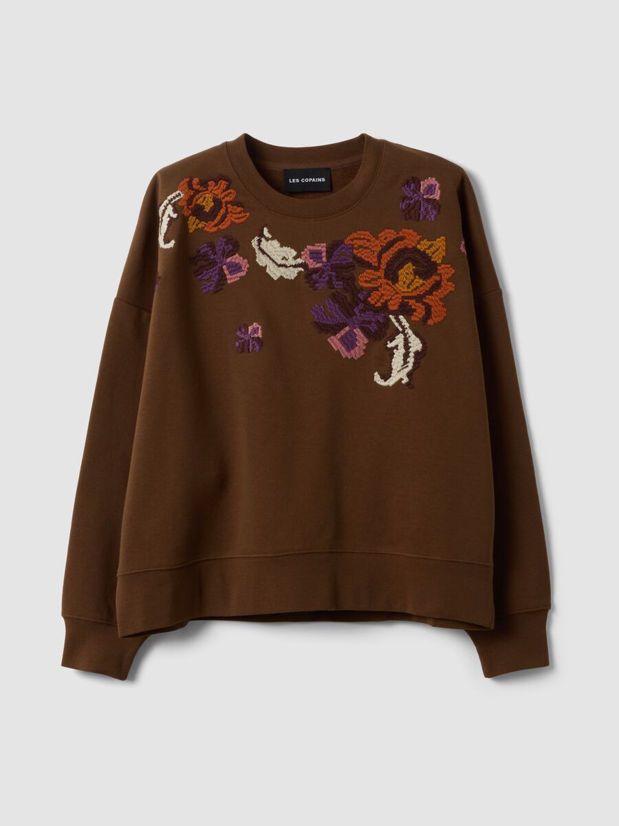 Felpa marrone in misto cotone con girocollo con fantasia floreale_4