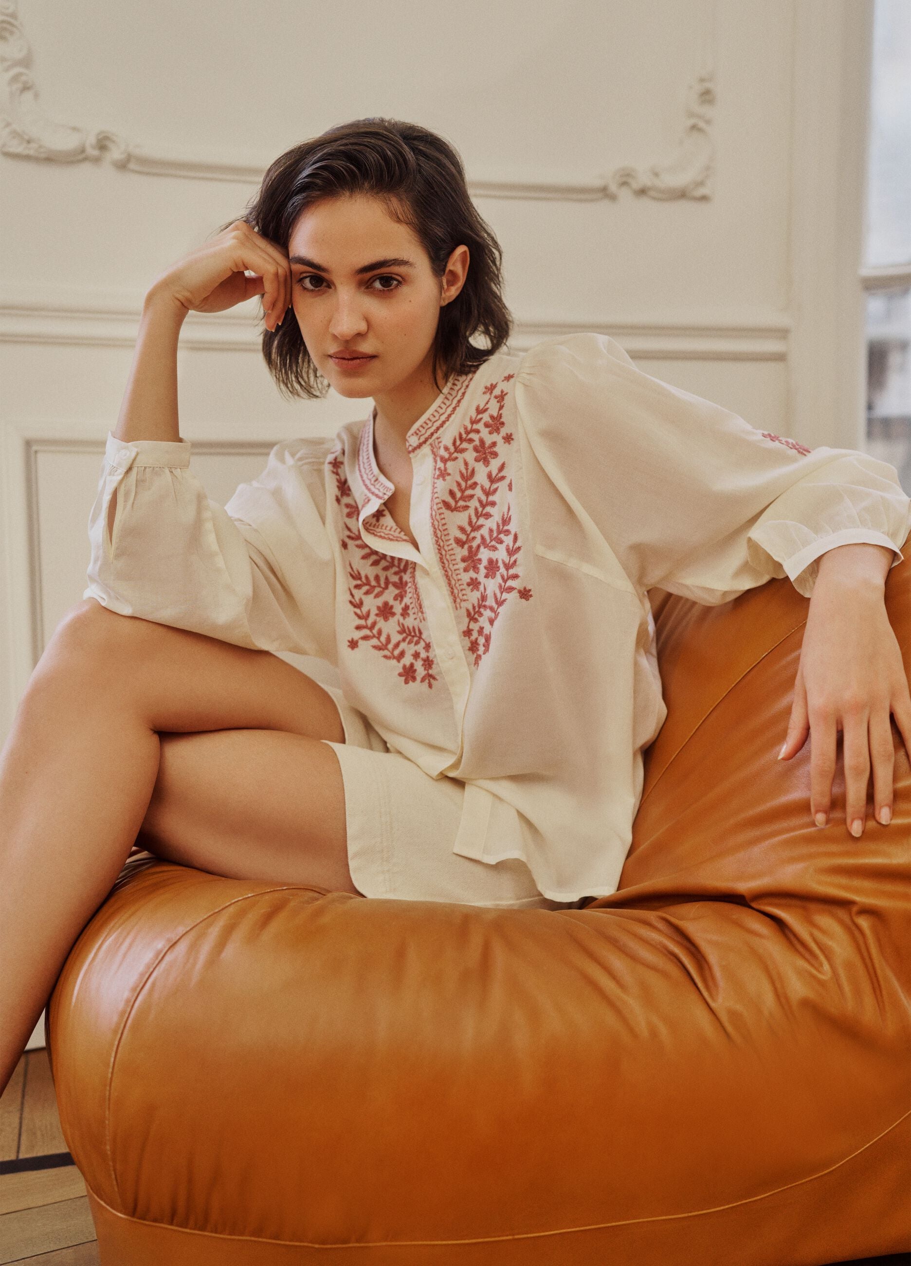 Beige pure cotton shirt with floral embroidery