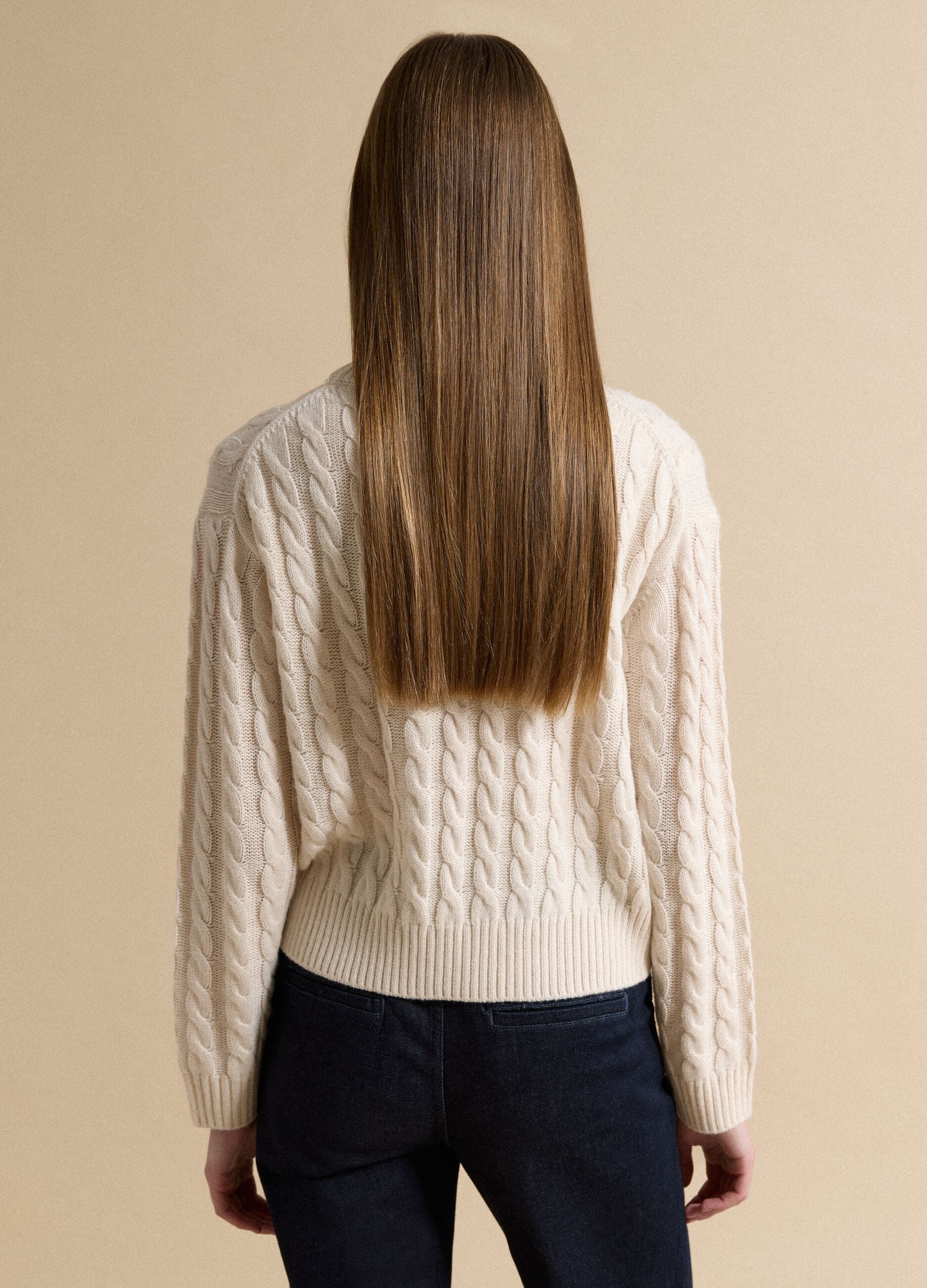 Beige wool-blend cable-knit crew-neck jumper in an oversized fit