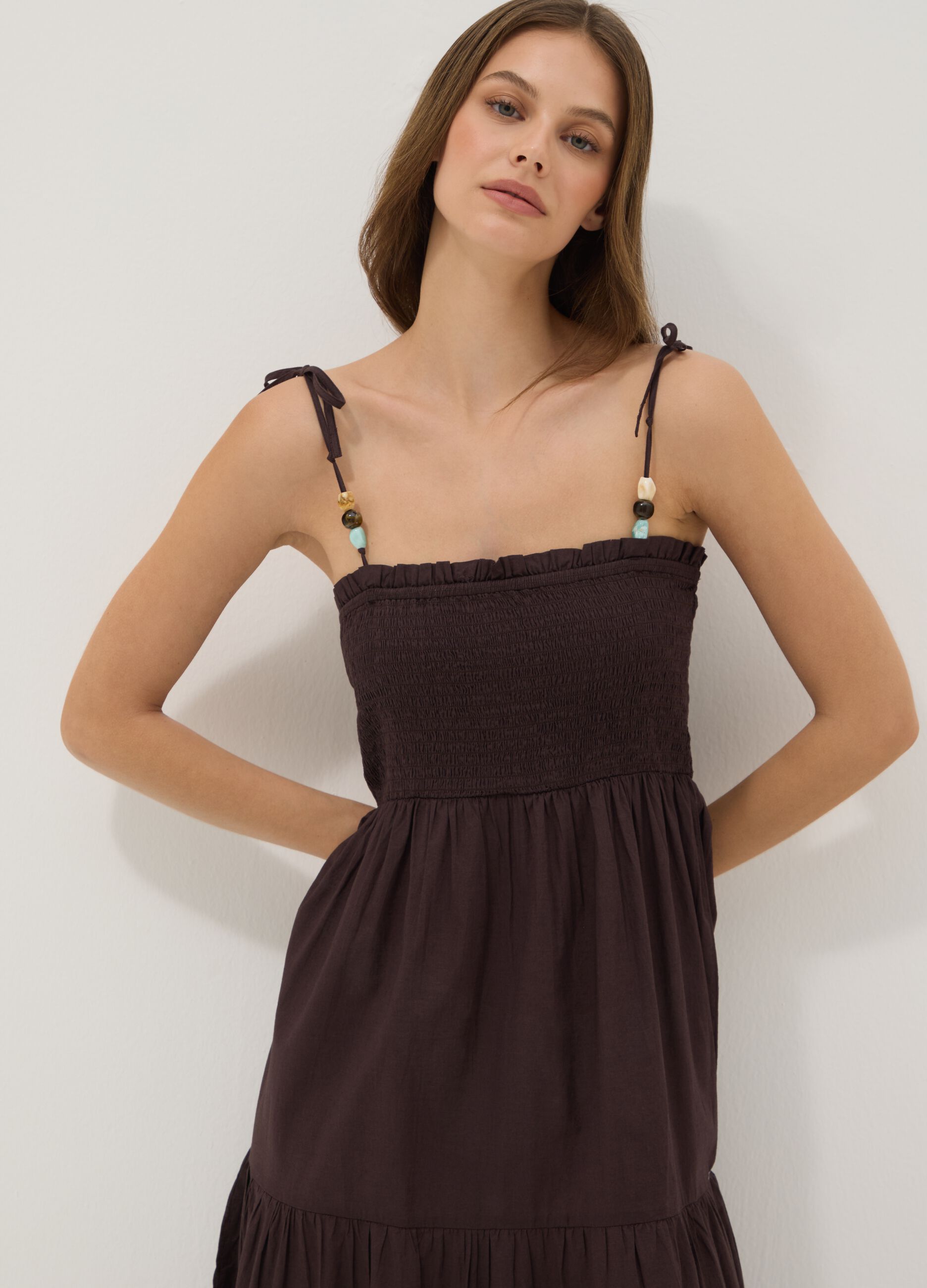 Long brown pure cotton kaftan with thin straps