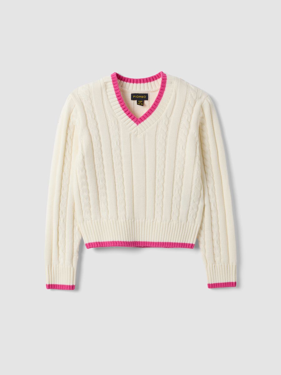 White pure cotton cable-knit V-neck jumper for girls_0