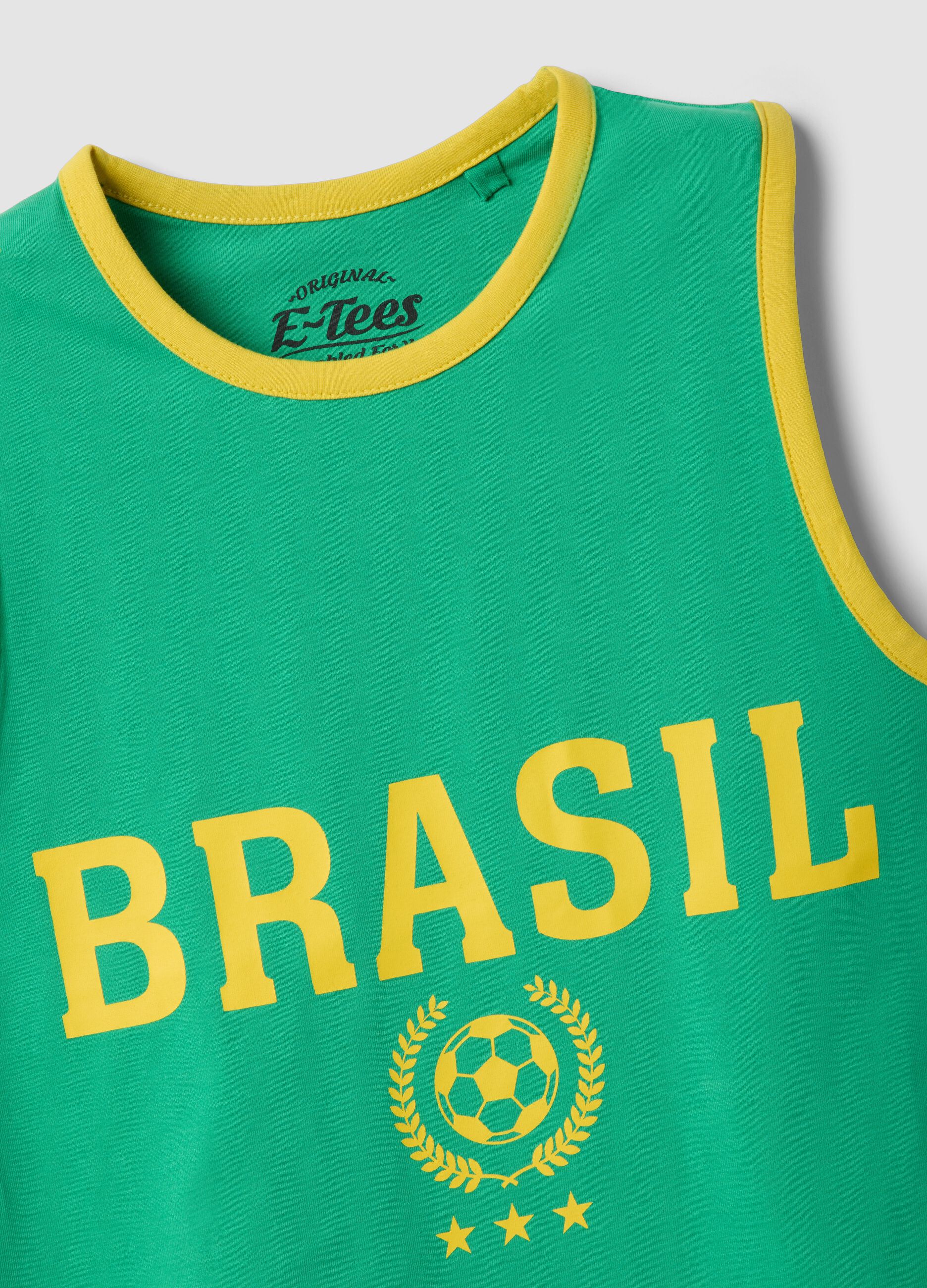 Green stretch cotton tank top with 'Brasil' slogan, regular fit