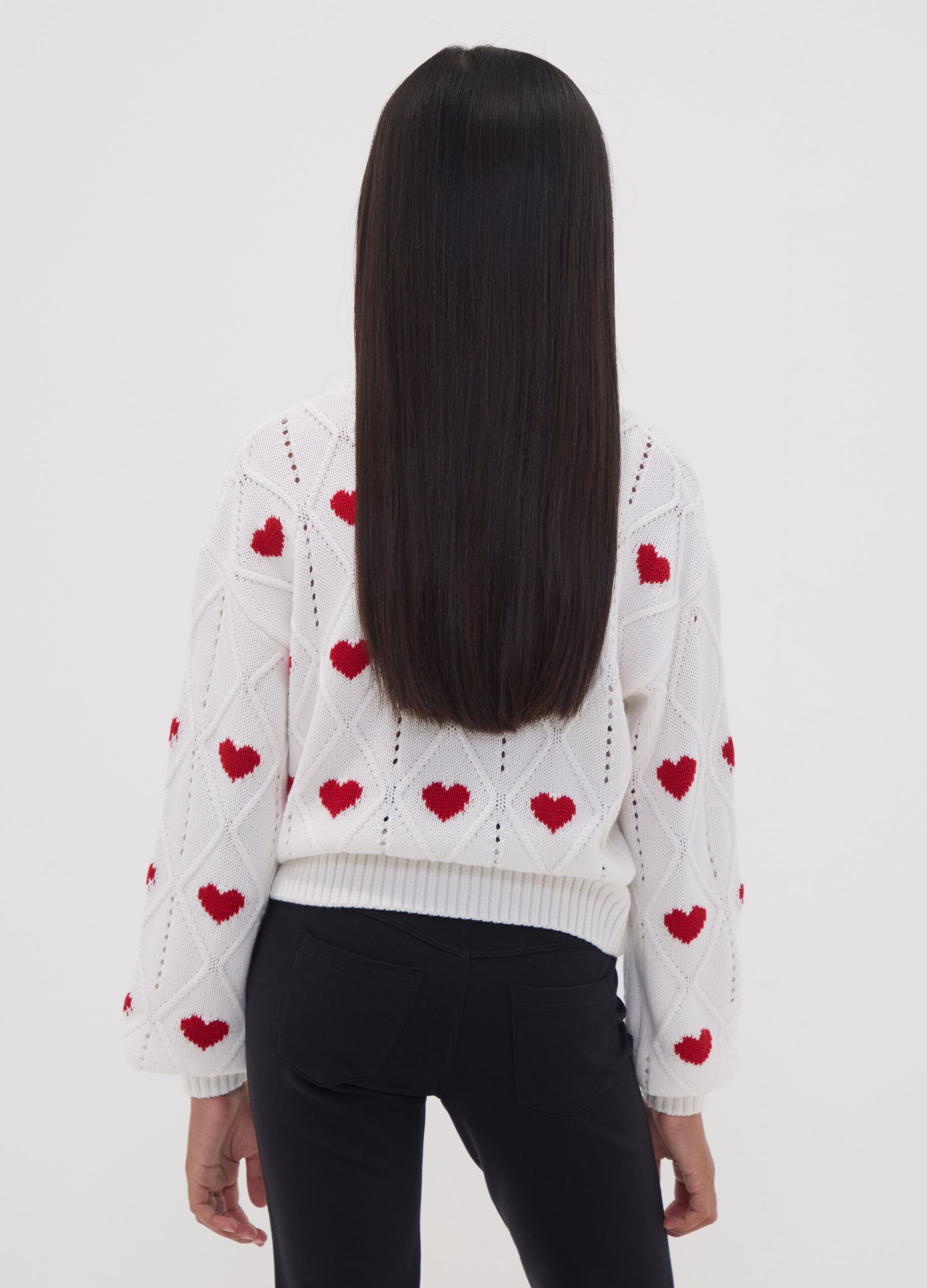 White cotton-blend jumper with openwork pattern and hearts for girls