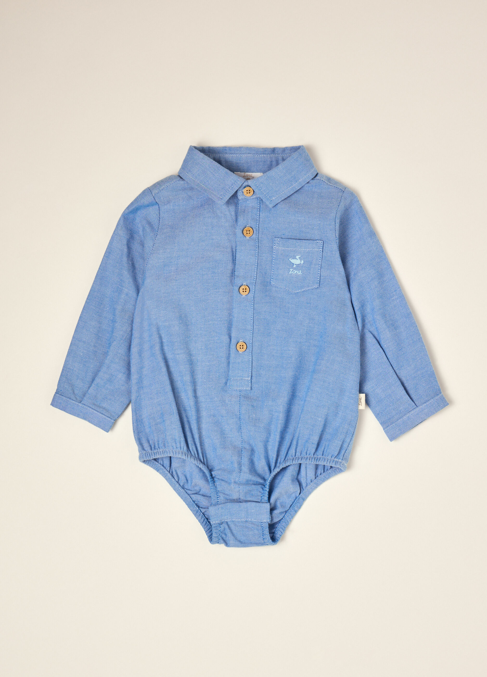 Light blue pure cotton shirt bodysuit with classic collar