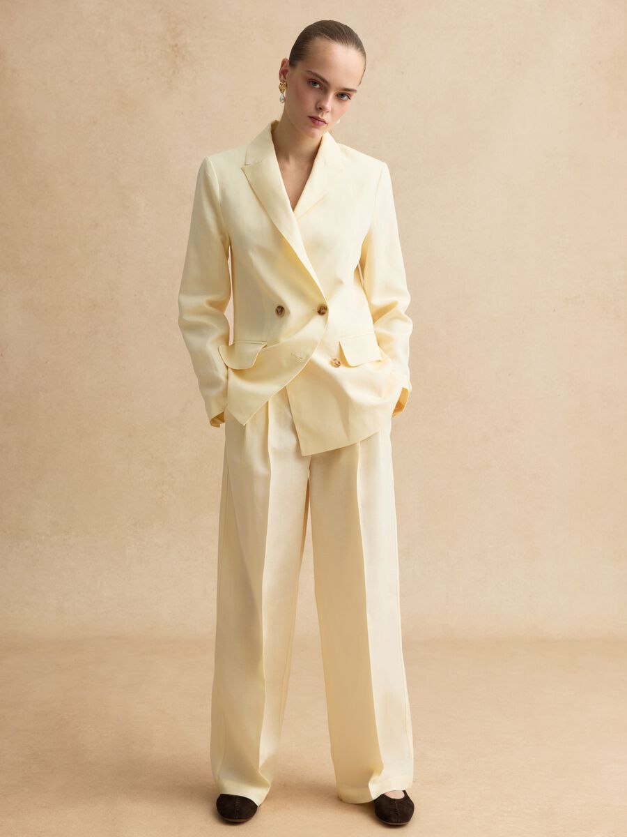 Beige double-breasted Lyocell and linen blazer, regular fit_1