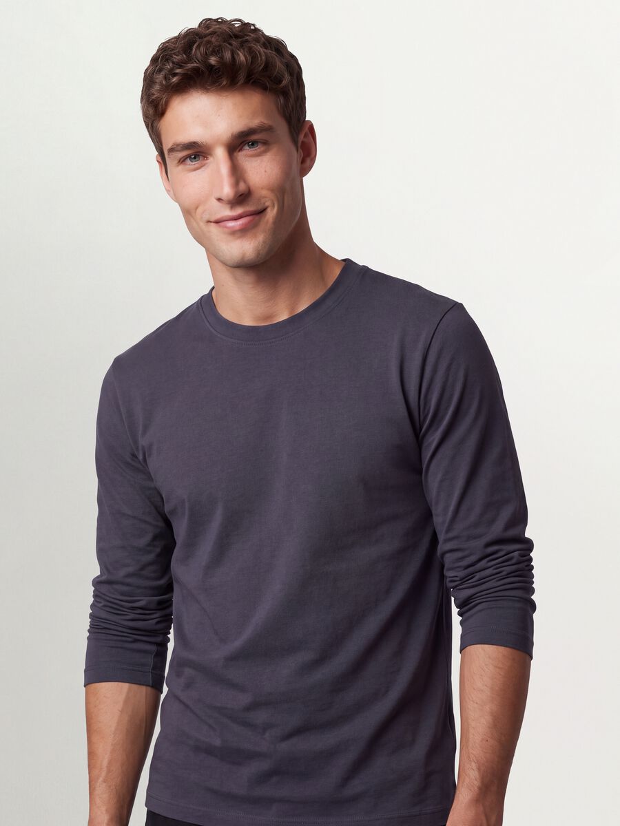 Grey long-sleeve crew-neck T-shirt in pure organic cotton_1