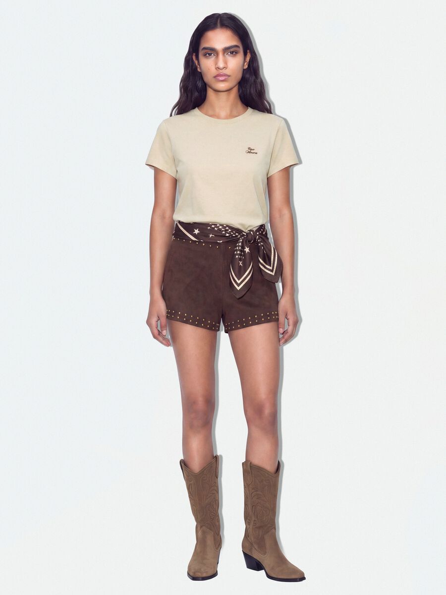 Beige pure cotton cropped T-shirt with crew neck and print_1
