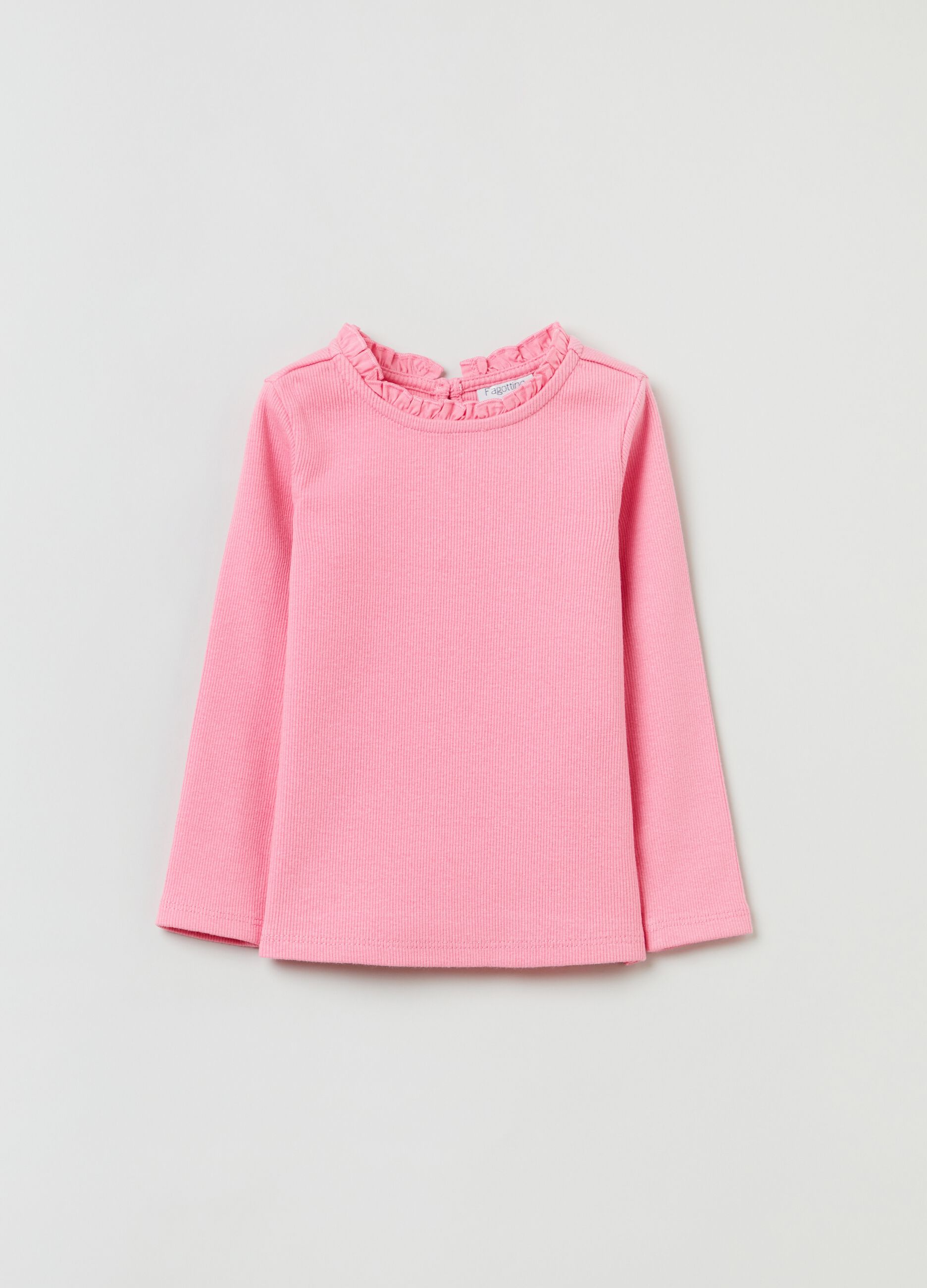 Ribbed cotton T-shirt with frills