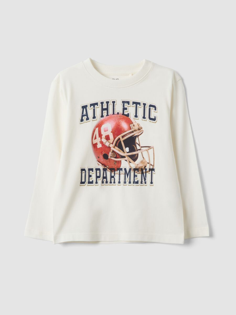 White cotton and viscose blend T-shirt with collegiate print for boys_0