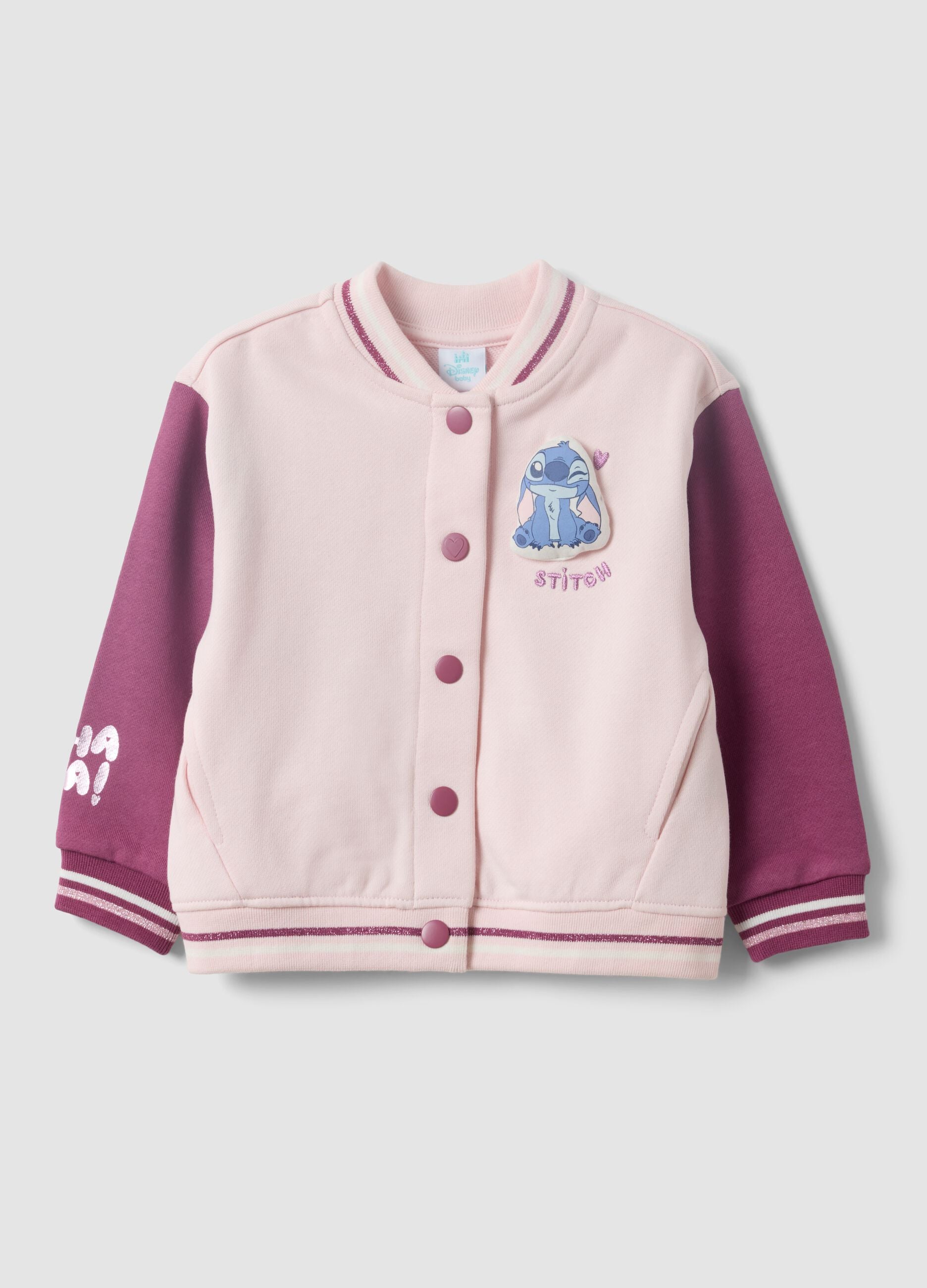 Pink 100% cotton sweatshirt with Lilo & Stitch snap buttons for baby girls