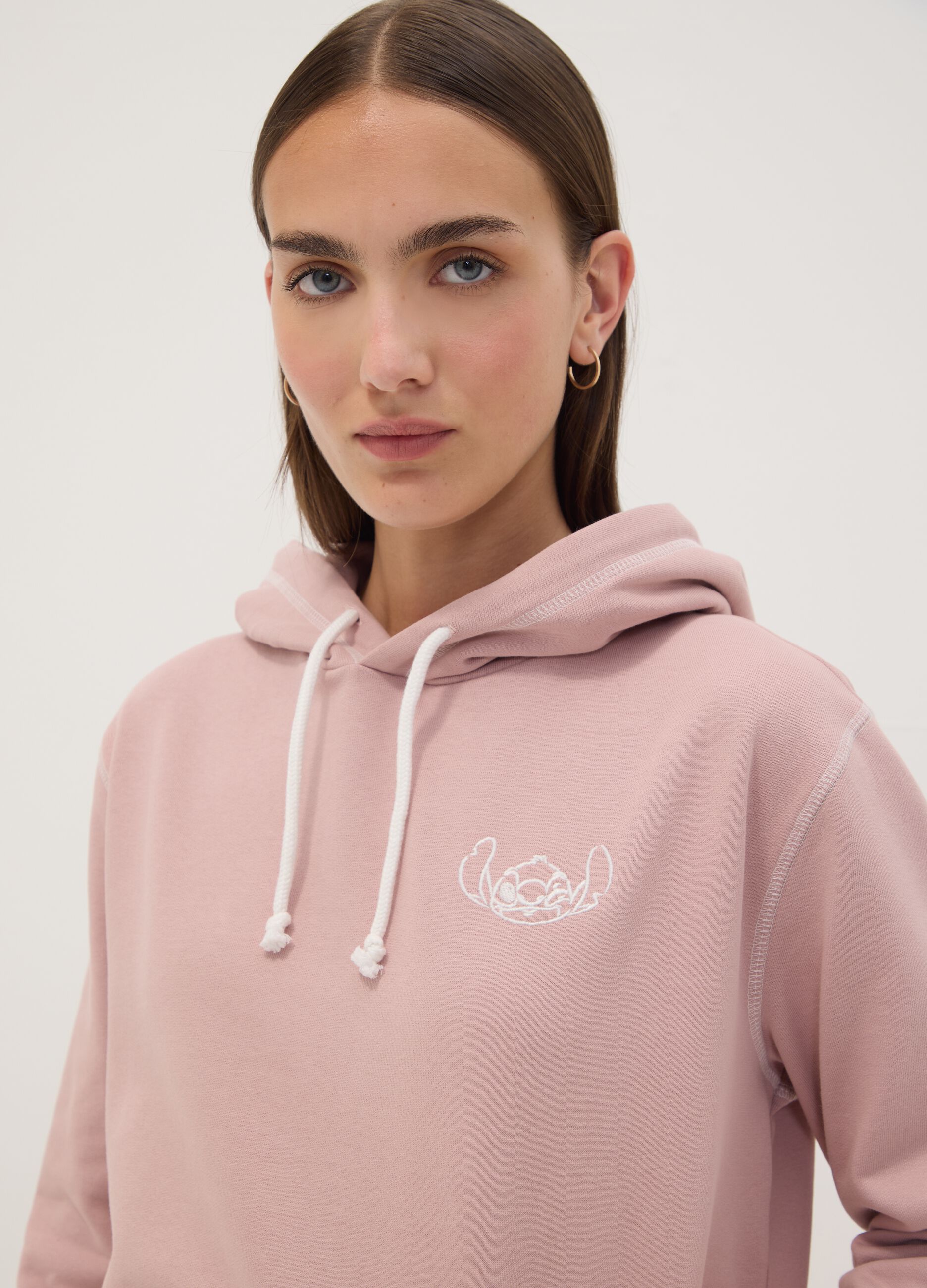 Sweatshirt rosa com capuz em algod&atilde;o puro com estampado Lilo & Stitch