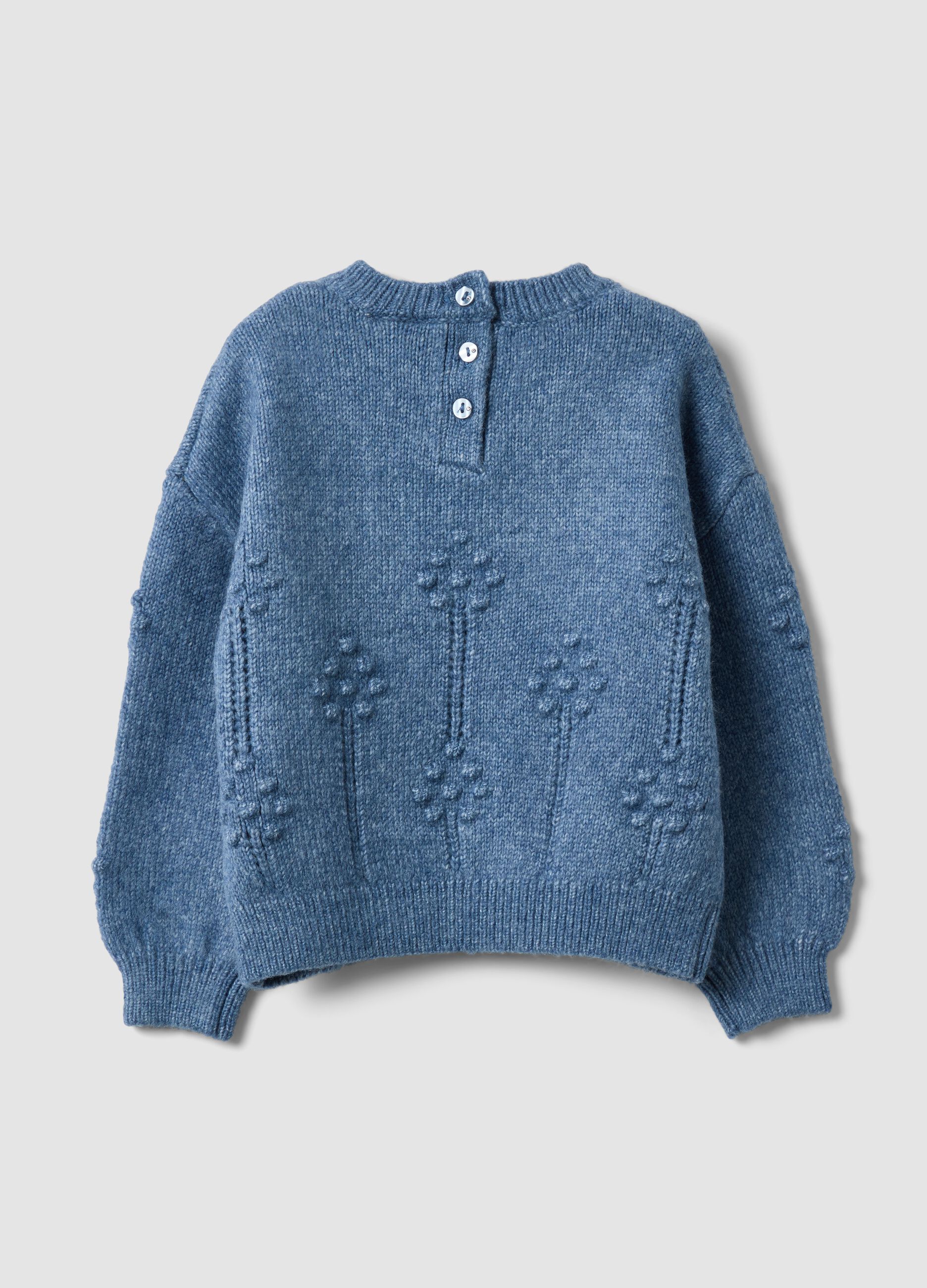 Blauer Strickpullover mit Rundhalsausschnitt und Blumenmuster