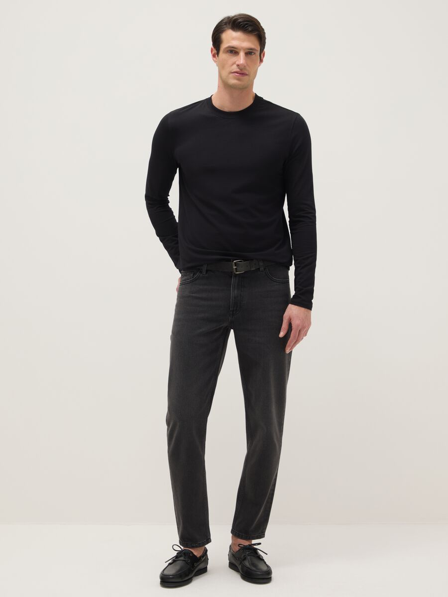 Black denim cotton blend regular fit stretch jeans_0