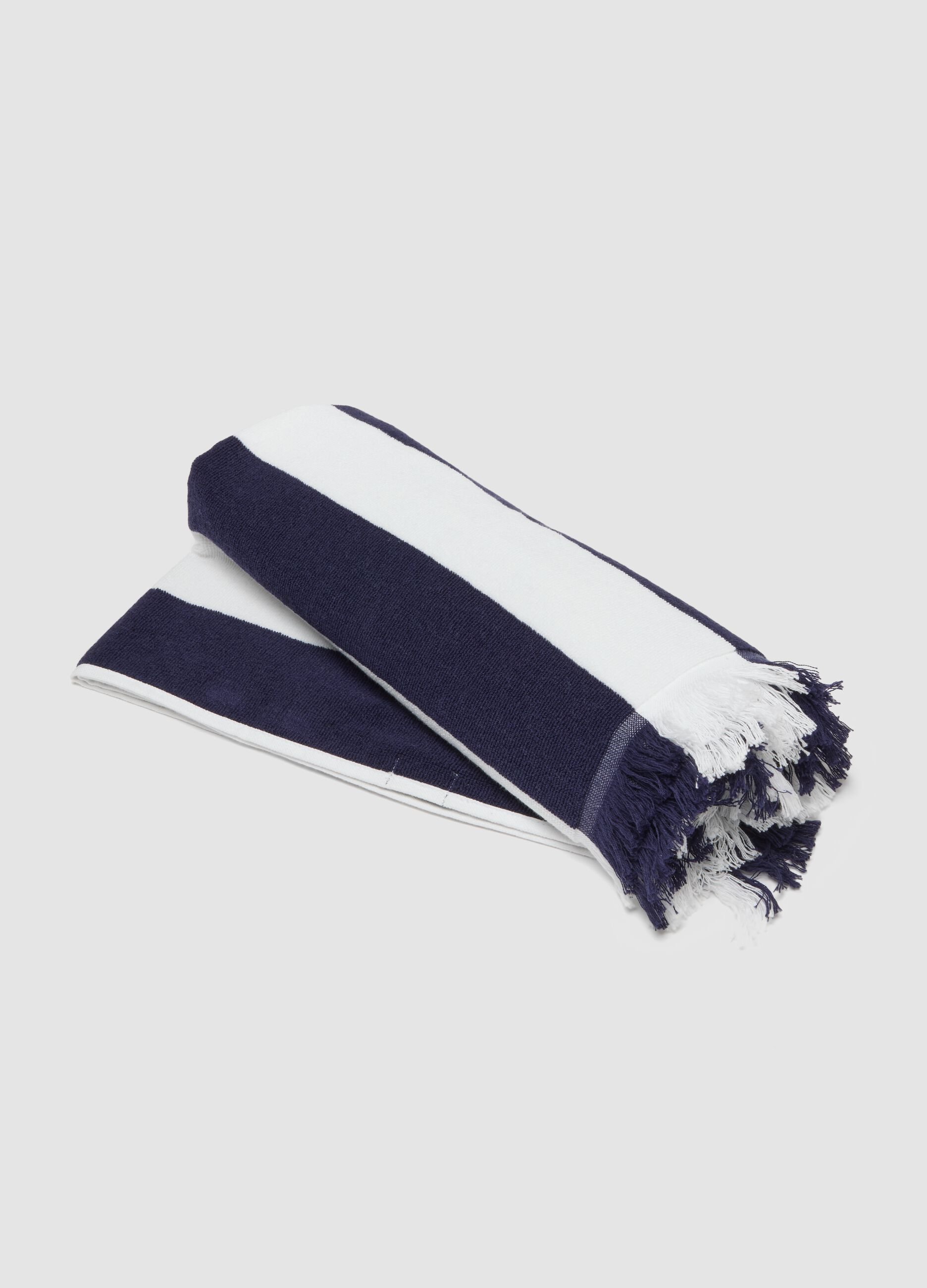 Blue and white pure cotton beach towel with fringes