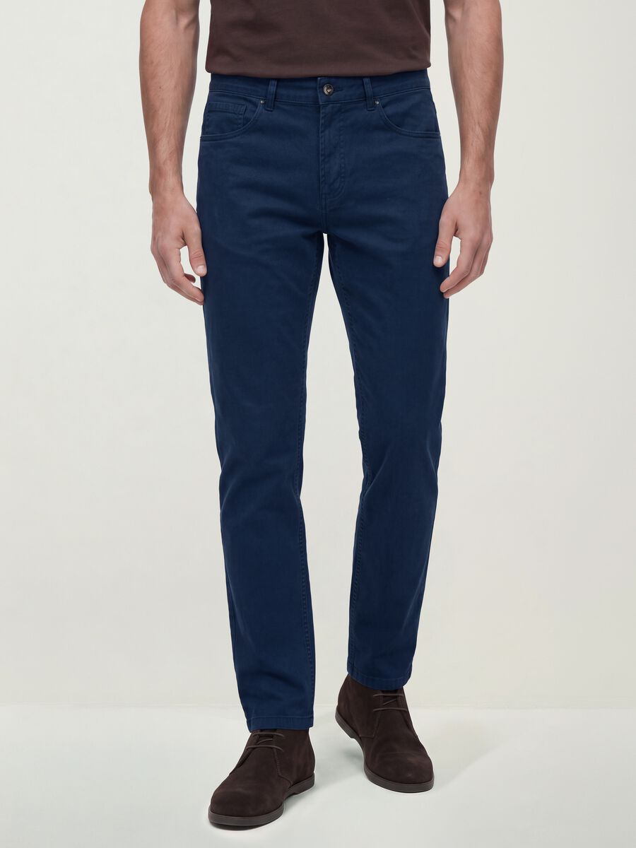 Blue regular-fit stretch cotton twill trousers_1