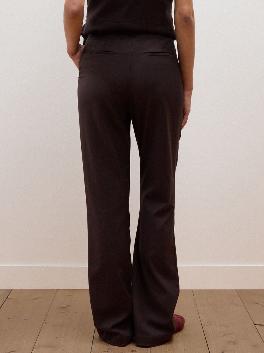 Brown Flared Formal Trousers in Stretch Viscose_3