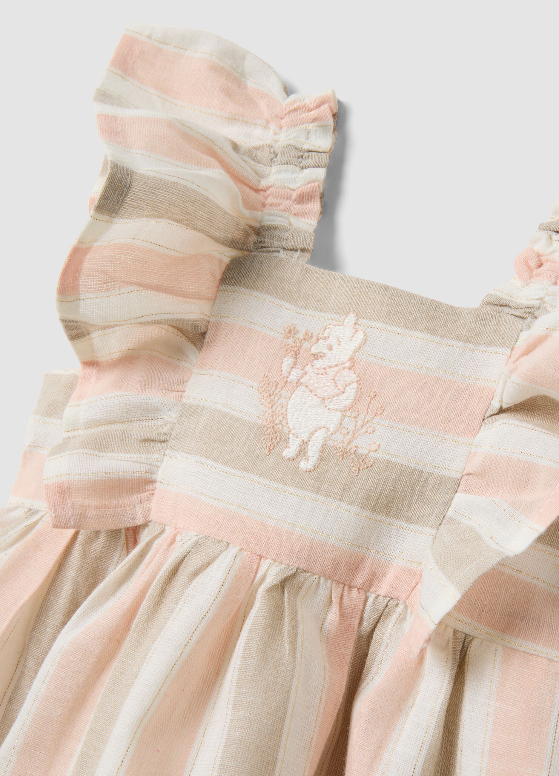 Pink striped cotton and linen-blend dress with ruffles