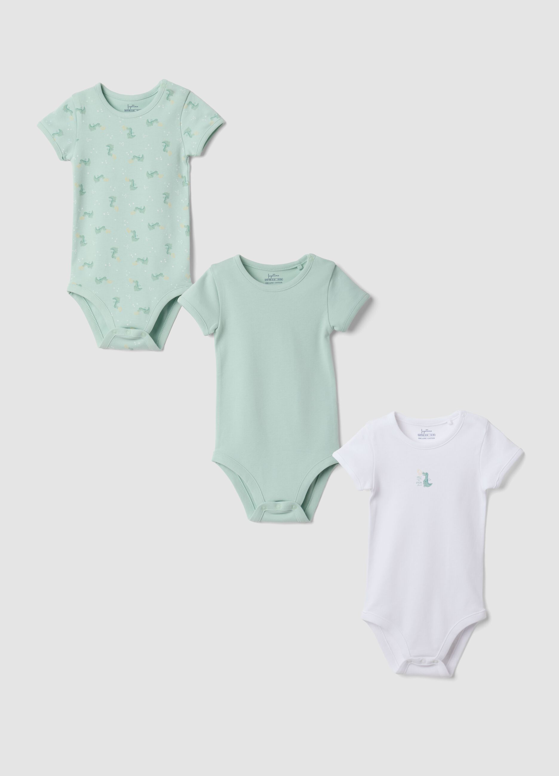 3-pack of green and white organic cotton baby bodysuits