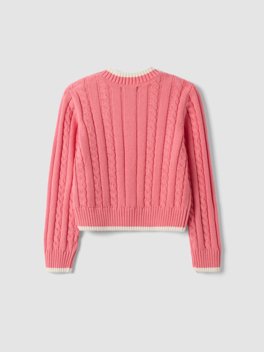 Maglia rosa in puro cotone a trecce con scollo a V per bambina_1