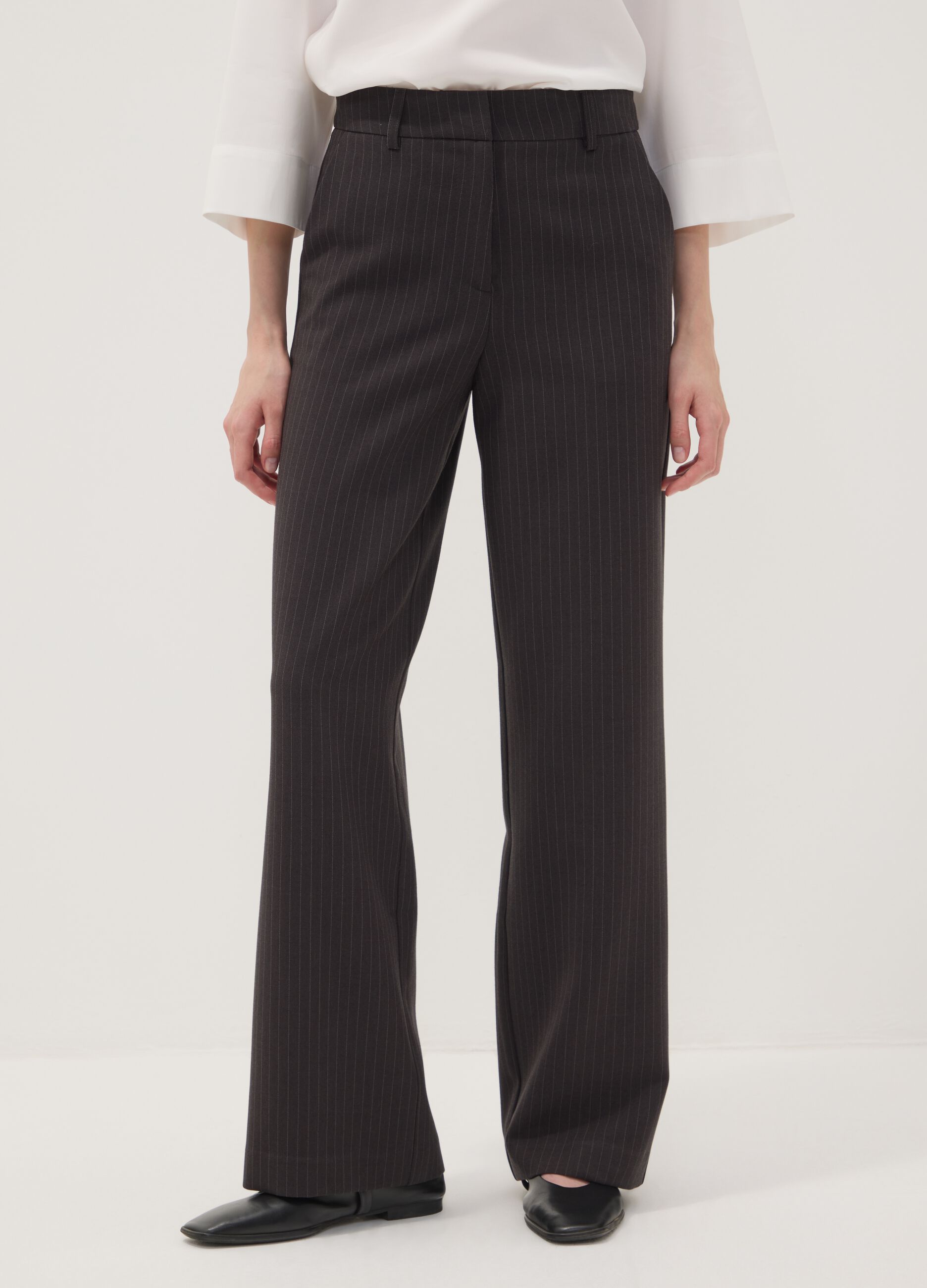 Grey pinstripe stretch viscose straight-leg trousers