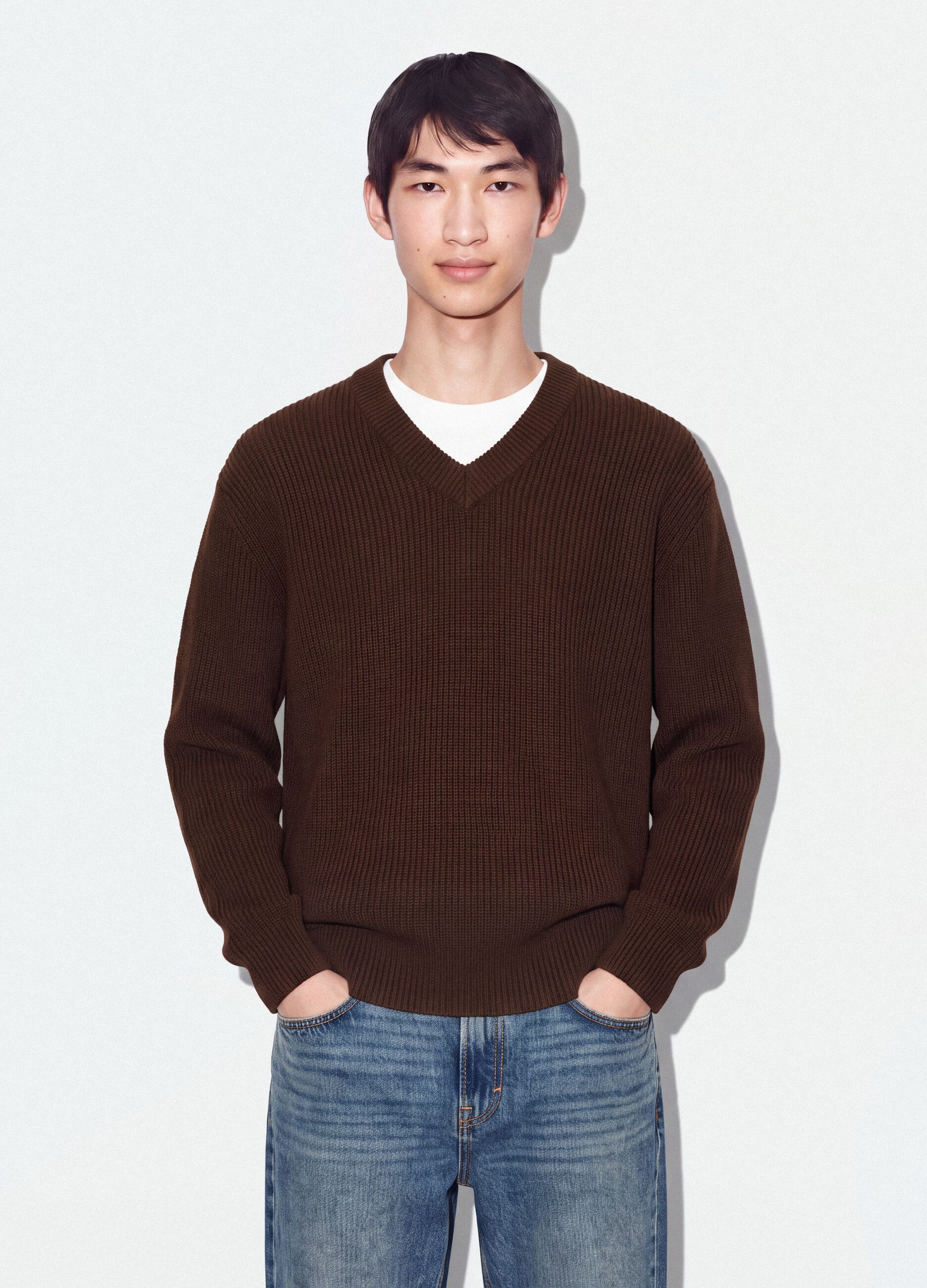 Maglia marrone in puro cotone con scollo profondo a V regular fit