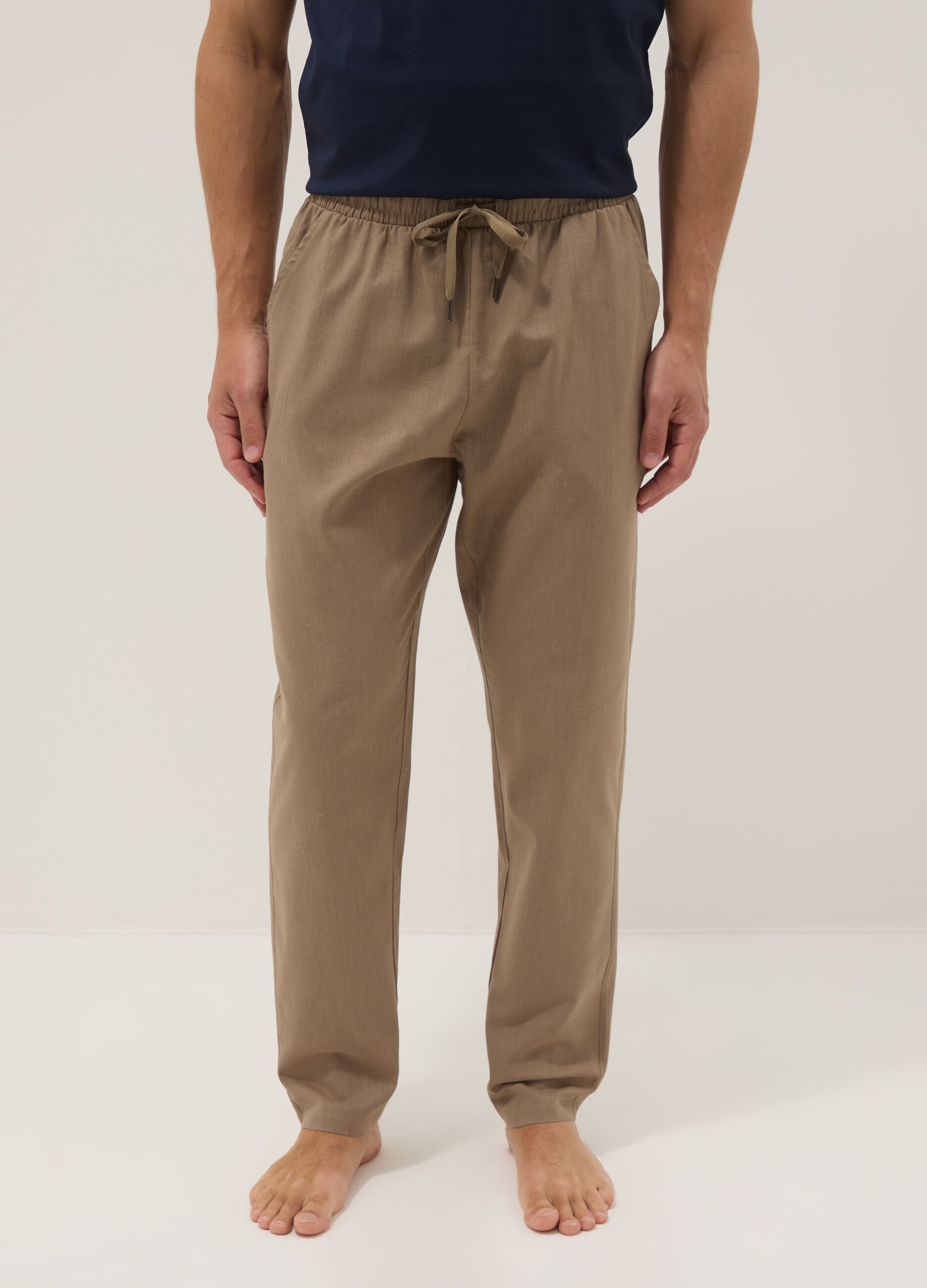 Beige Pyjamahose aus Baumwoll-Leinen-Mix, Relaxed Fit