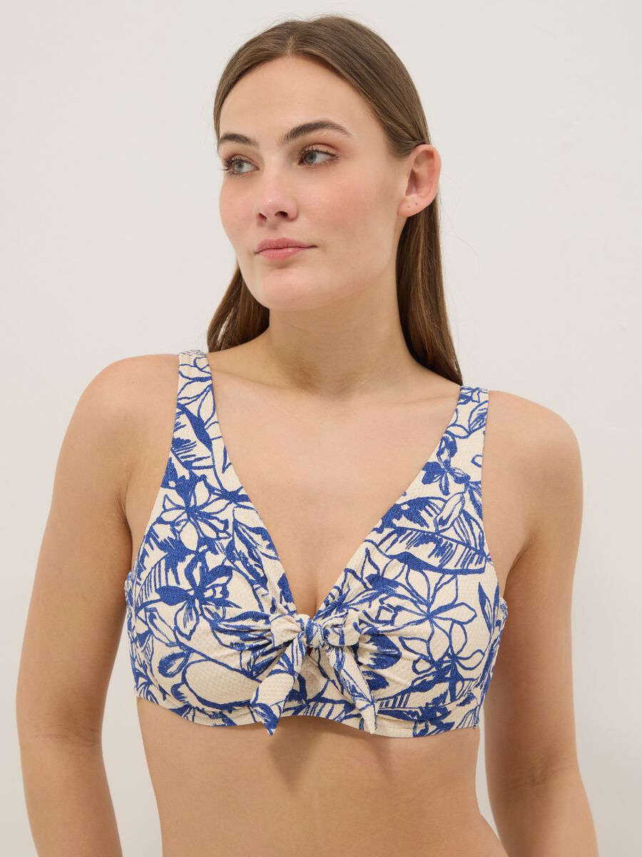 Blue floral stretch-fabric triangle bikini top_0