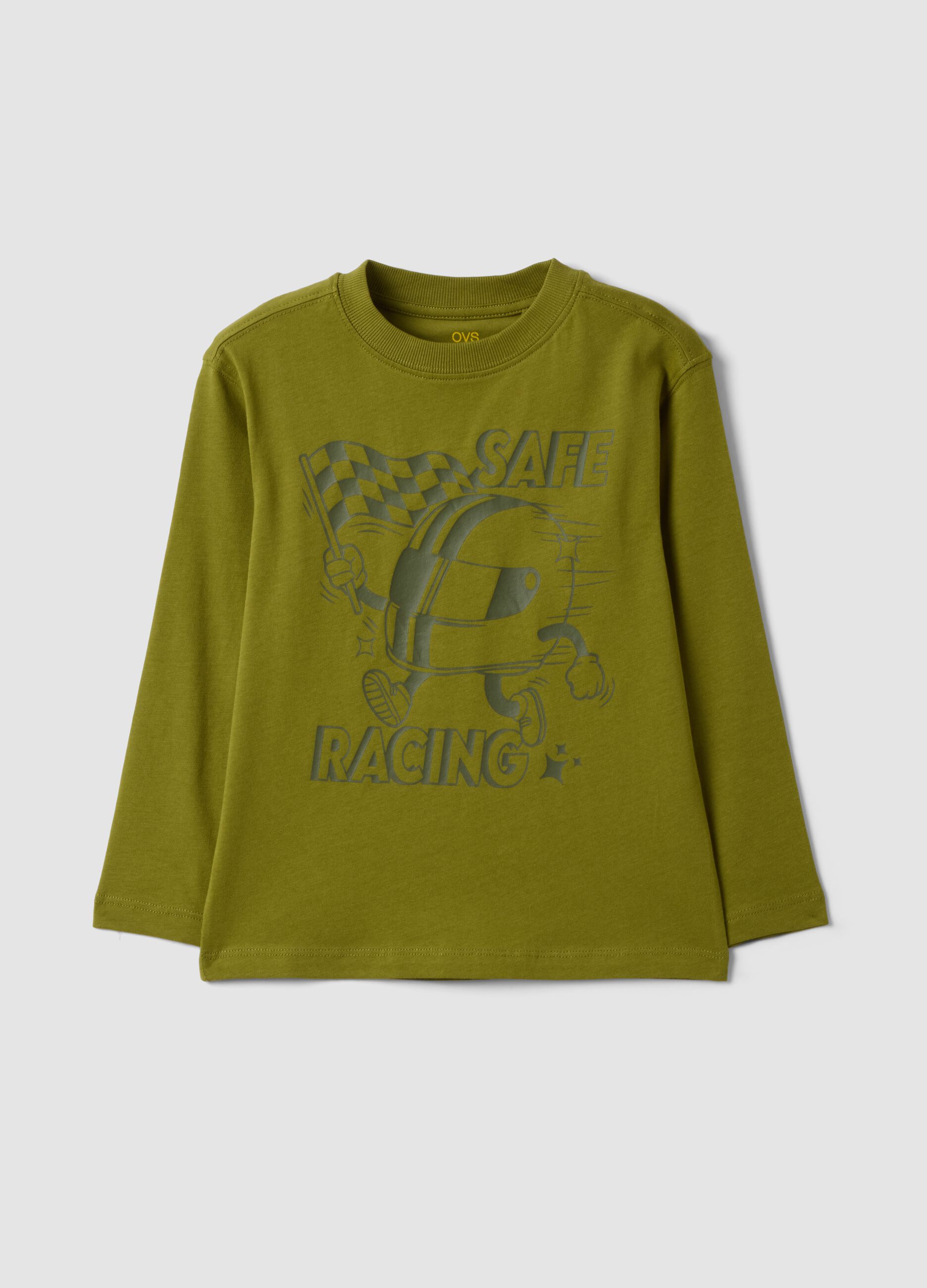T-shirt verde oversize em puro algod&atilde;o org&acirc;nico com estampado racing para menino
