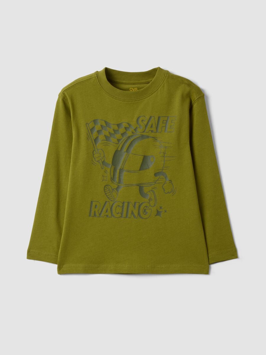 Green oversized T-shirt in pure organic cotton with racing print for boys_0