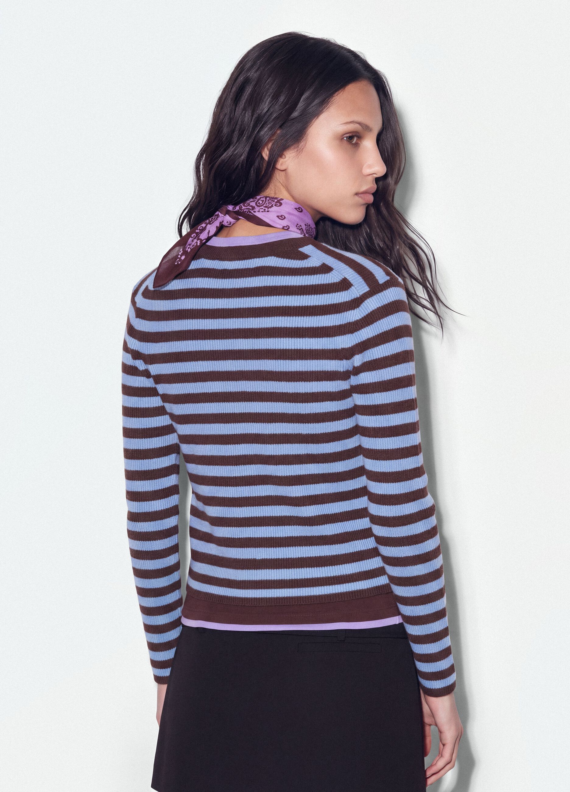 Blauer, gestreifter Oversize-Cardigan mit Rundhalsausschnitt aus Lyocell-Wollmix