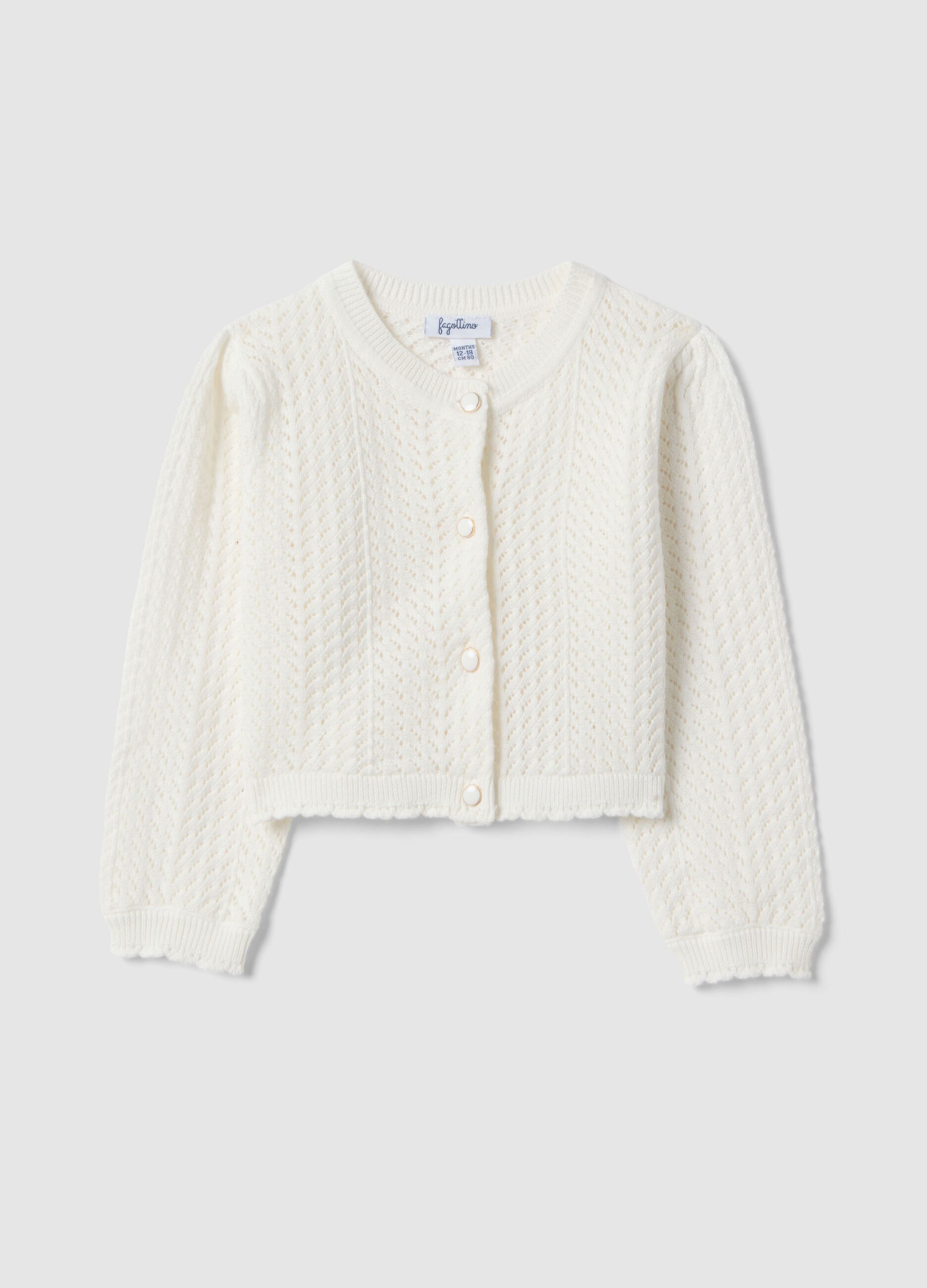 White fitted cotton cardigan for girls with lace design