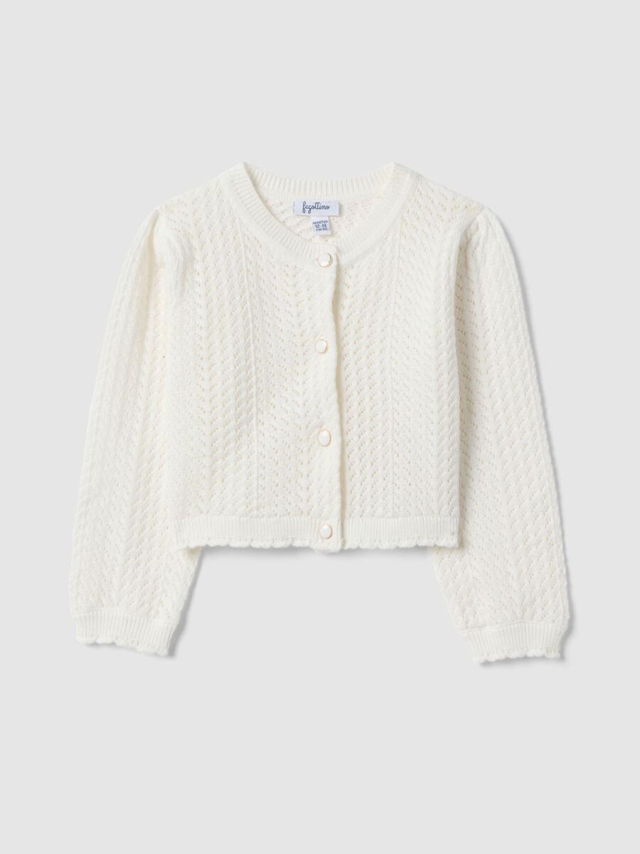 White fitted cotton cardigan for girls with lace design_0