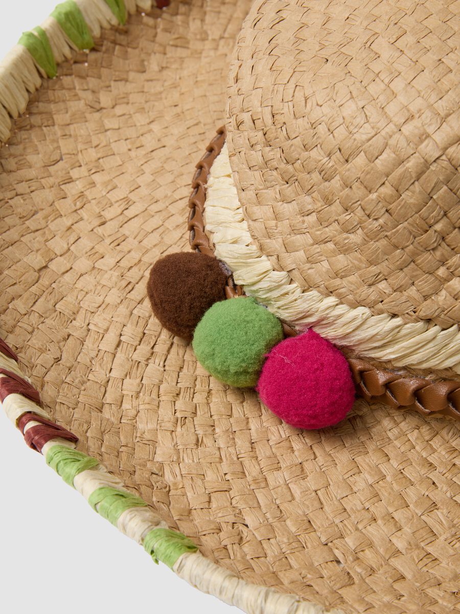 Beige paper-fabric hat with colourful pom-poms_2