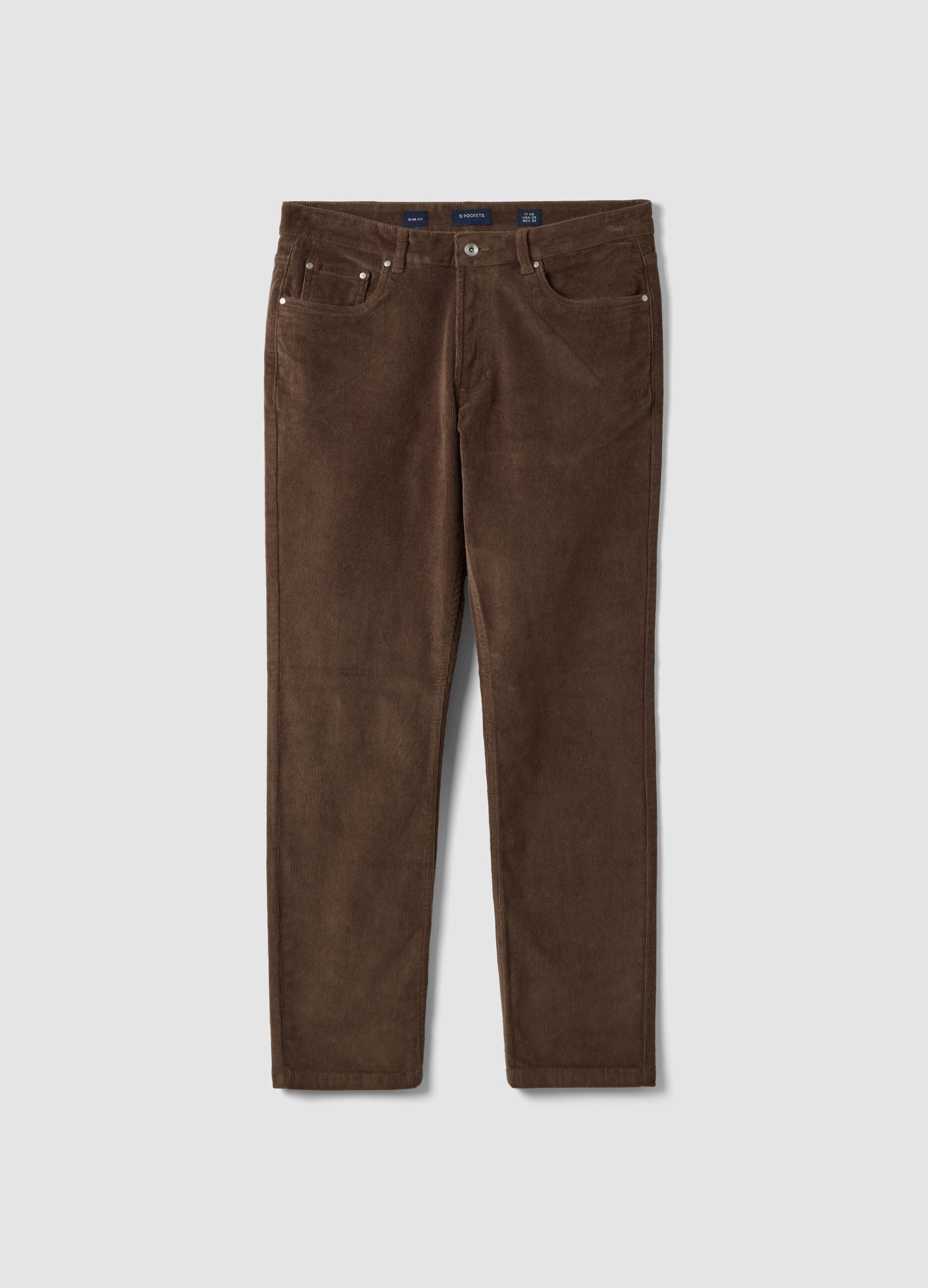 Pantaloni marroni in cotone elasticizzato a coste slim fit