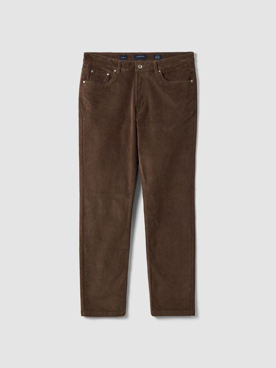 Pantaloni marroni in cotone elasticizzato a coste slim fit_0